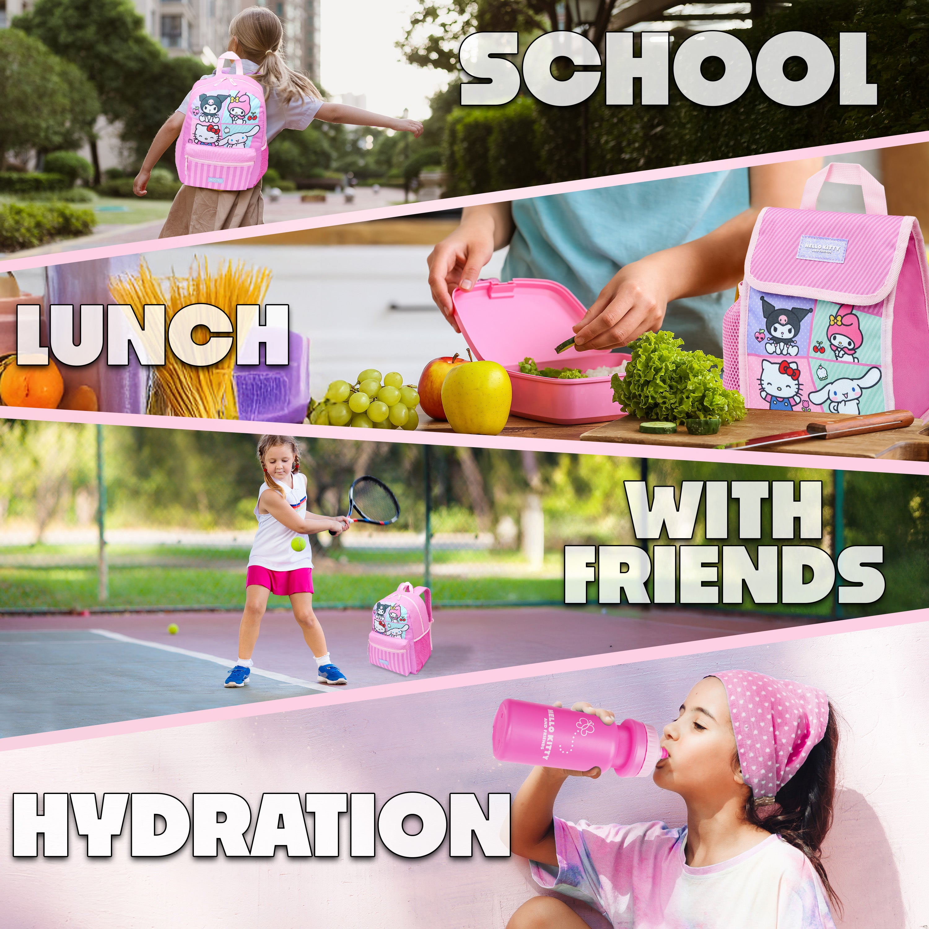 HELLHERO Girls School Backpack Set - Kawaii Cat Design With Lunch Bag, Pencil Case & Water Bottle Sleeve