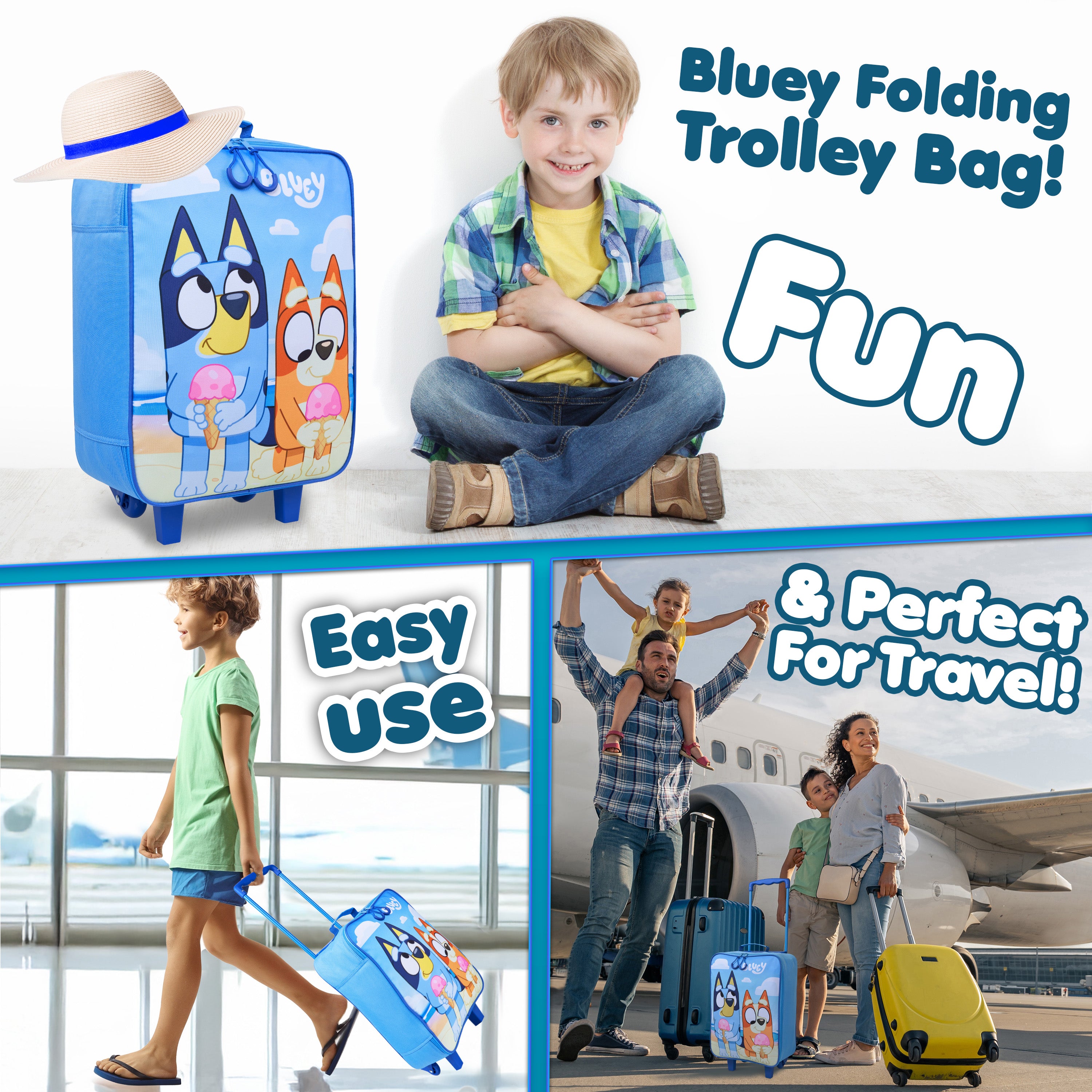 Bluey Suitcase Kids Foldable Trolley Bag Wheels 46x30x14cm 15L S (L46cm x W30cm - 15L, Blue) - Get Trend