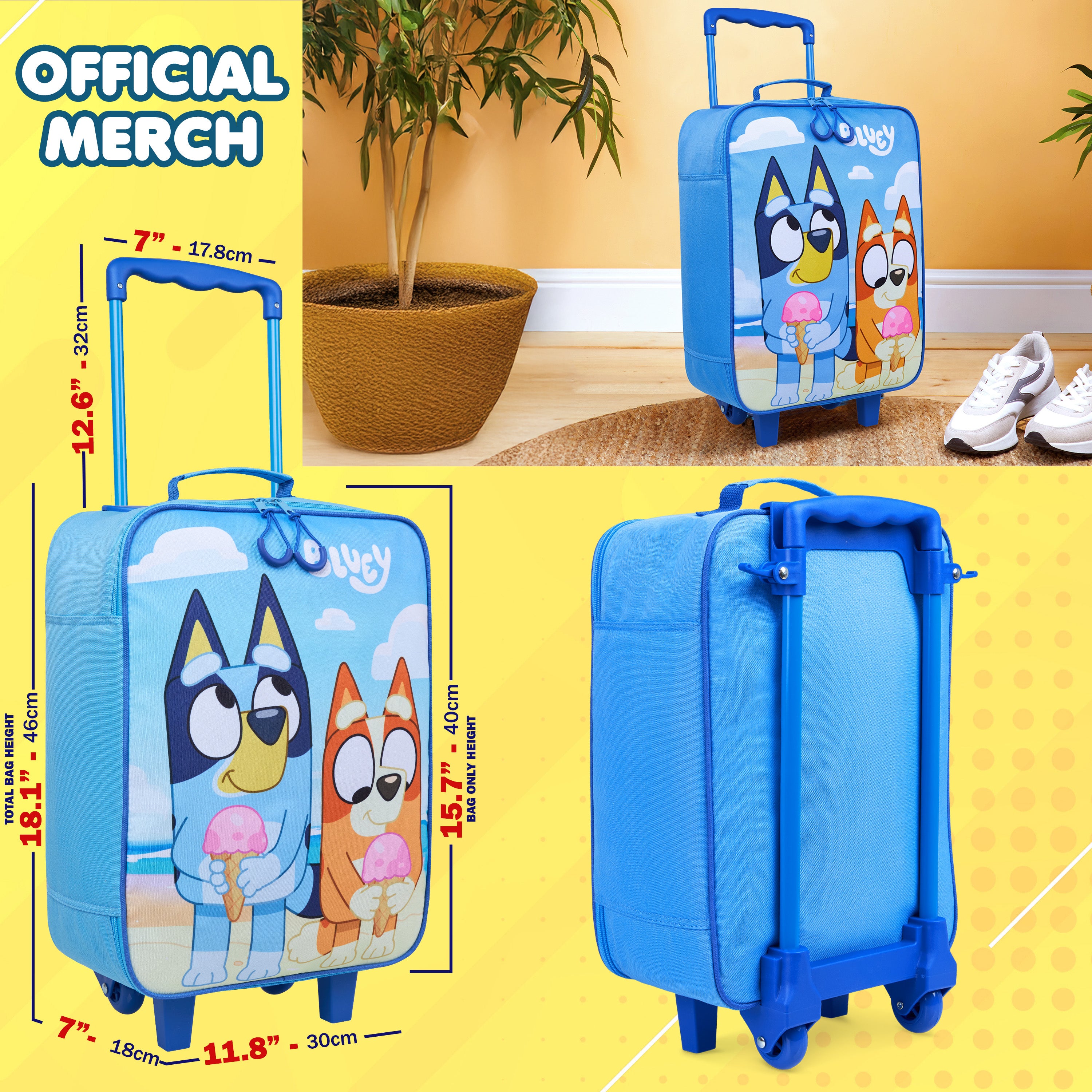 Bluey Suitcase Kids Foldable Trolley Bag Wheels 46x30x14cm 15L S (L46cm x W30cm - 15L, Blue) - Get Trend