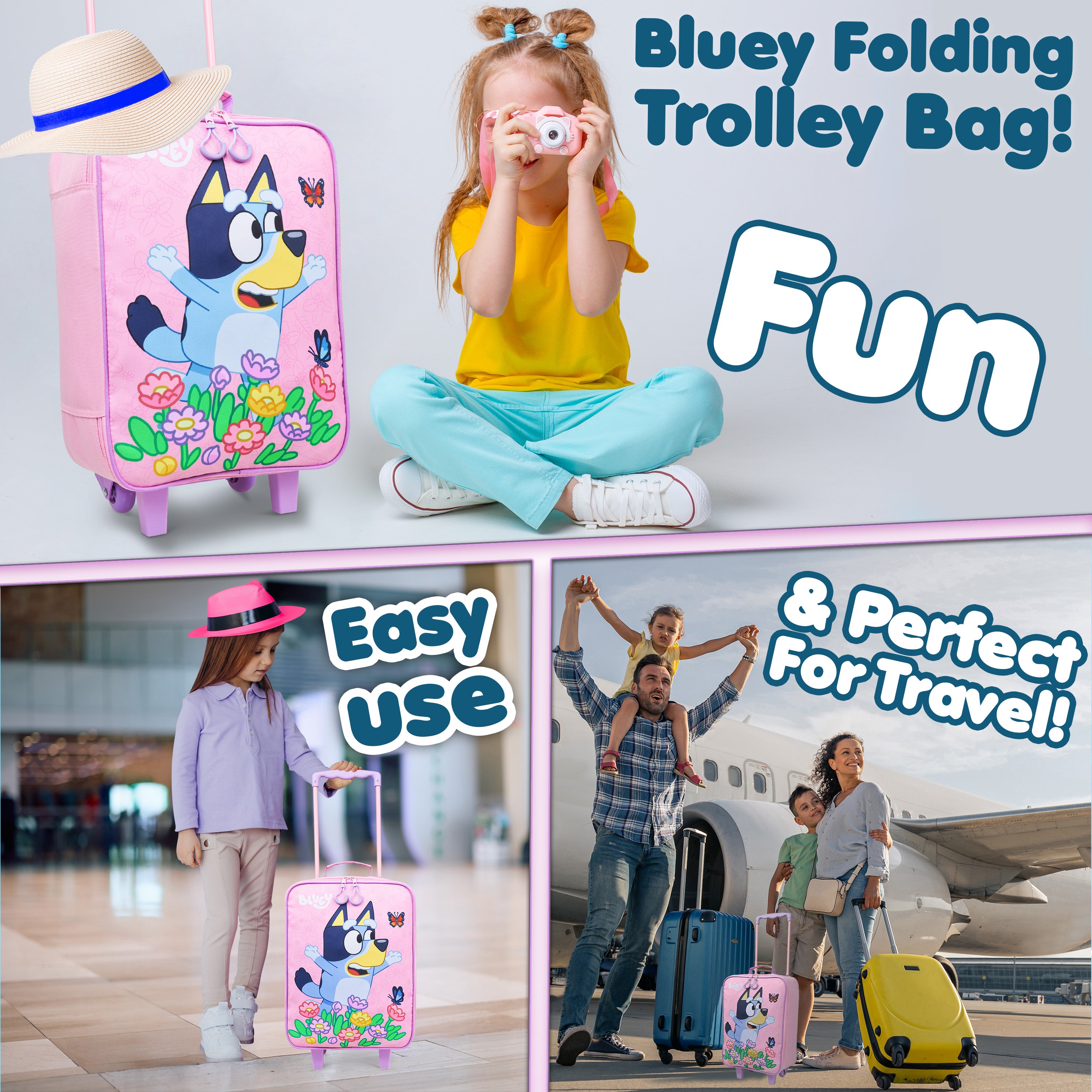 Bluey Suitcase Kids Foldable Trolley Bag Wheels  46x30x14cm 15L S (L46cm x W30cm - 15L, Pink) - Get Trend