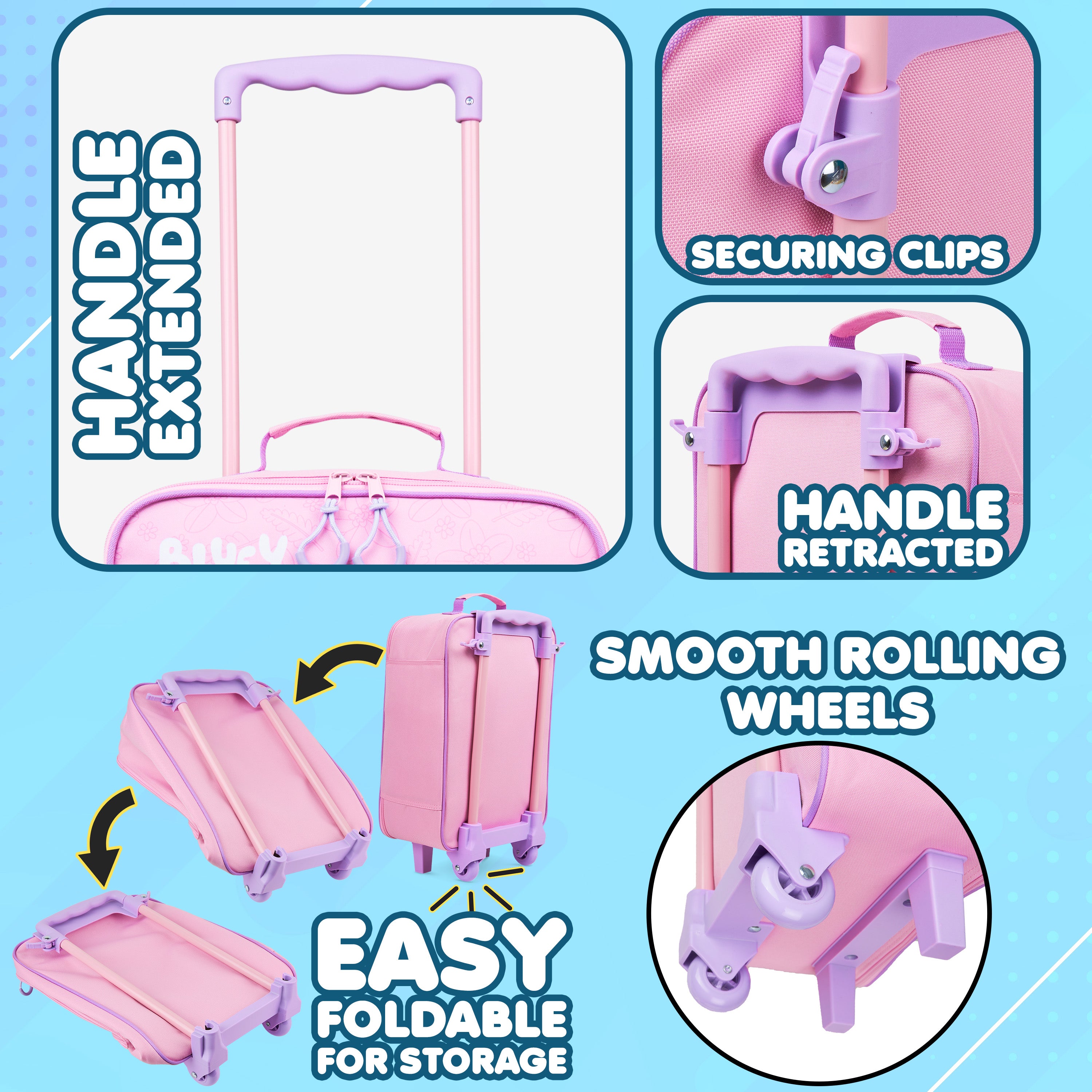 Bluey Suitcase Kids Foldable Trolley Bag Wheels  46x30x14cm 15L S (L46cm x W30cm - 15L, Pink) - Get Trend