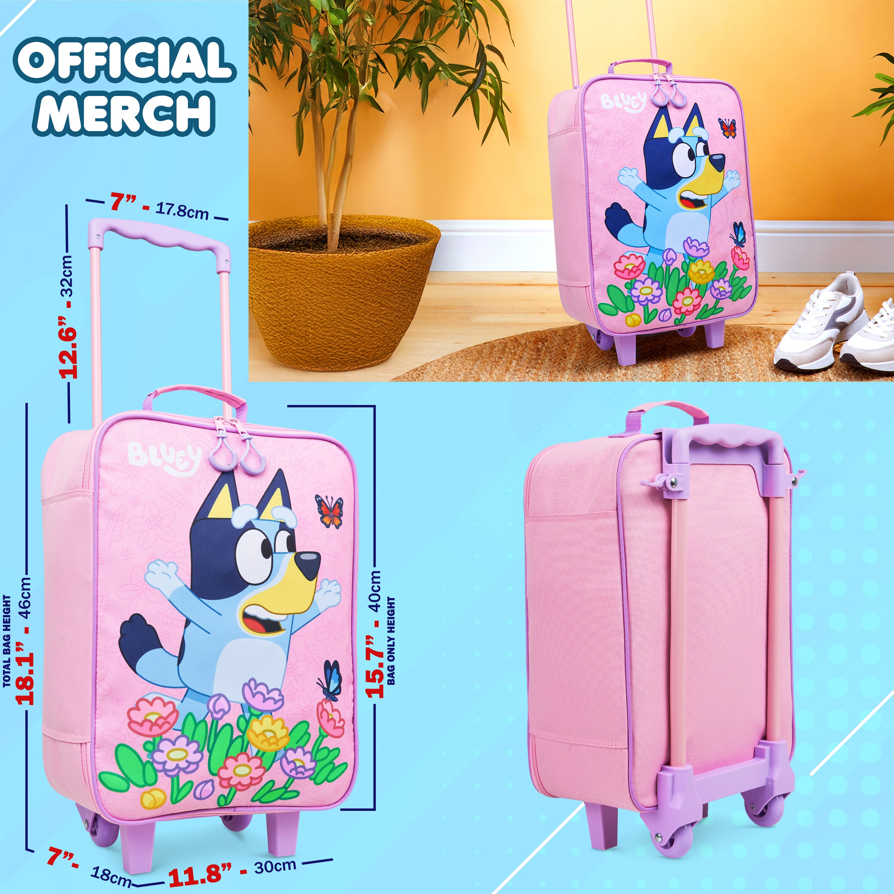 Bluey Suitcase Kids Foldable Trolley Bag Wheels  46x30x14cm 15L S (L46cm x W30cm - 15L, Pink) - Get Trend