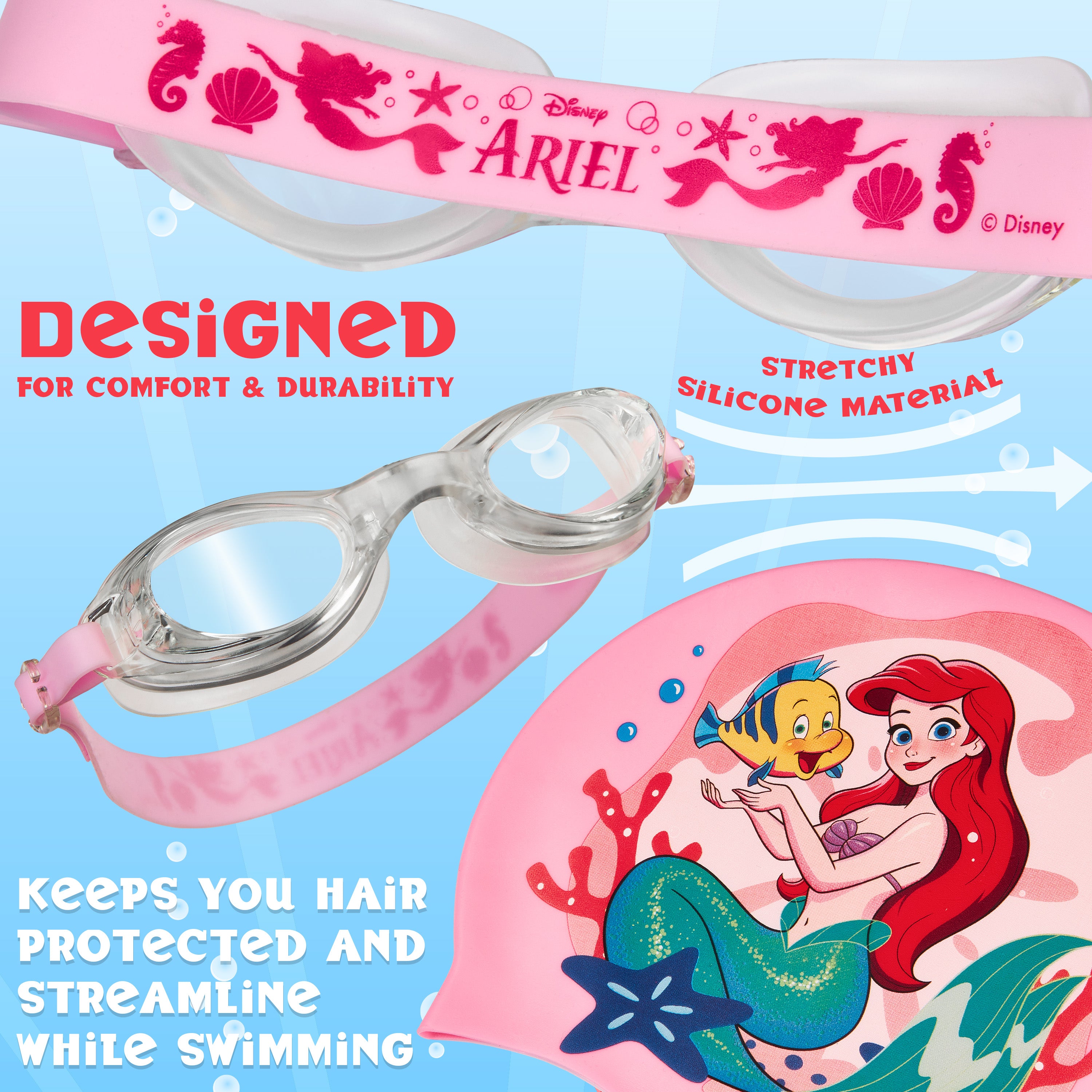 Disney Children's Swimming Goggles and Swimming Cap Set Anti-Fog UV Protection - ARIEL - Get Trend