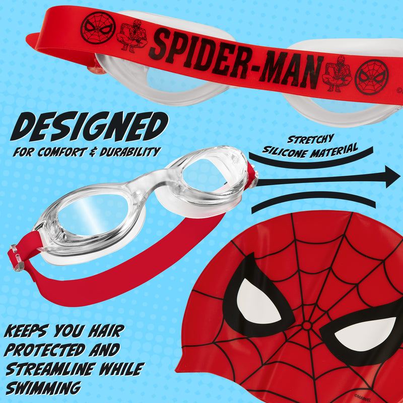 Marvel Children's Swimming Goggles and Swimming Cap Set Anti-Fog UV Protection - Red Spiderman - Get Trend