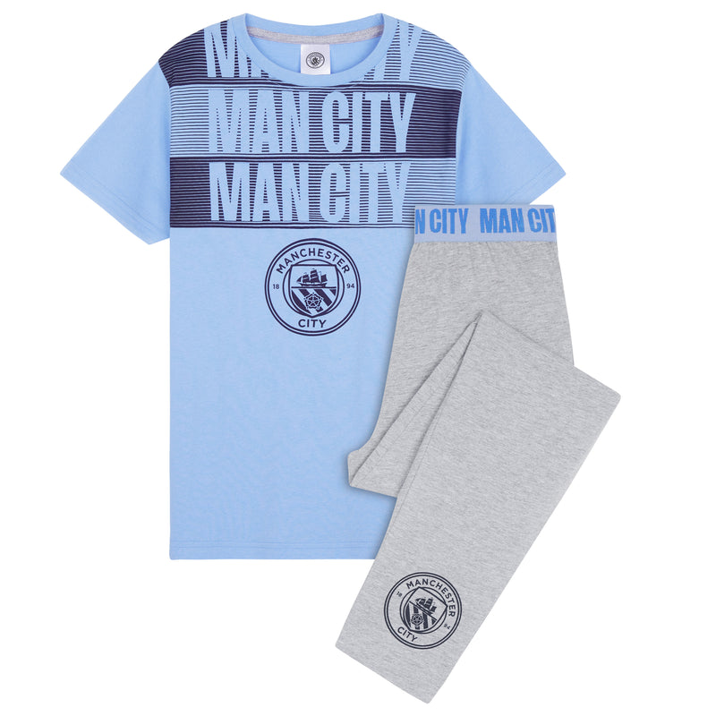 Manchester City FC Boys Pyjamas Set - Nightwear PJs for Kids -  Blue & Grey