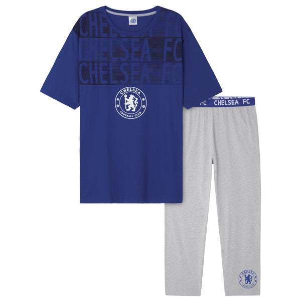 Chelsea F.C. Mens Pyjamas Set - T-Shirt and Long Bottoms - Blue & Grey - Get Trend