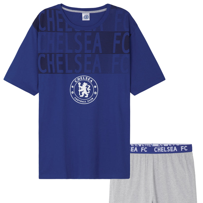 Chelsea F.C. Mens Pyjamas Set - T-Shirt and Long Bottoms - Blue & Grey