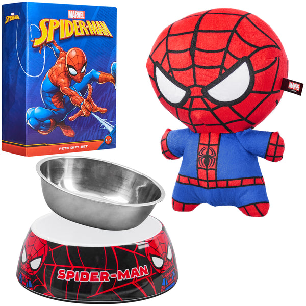 Marvel Dog Toy and Food Bowl Set, Squeaky Soft Toy and Non Slip Food Bowl