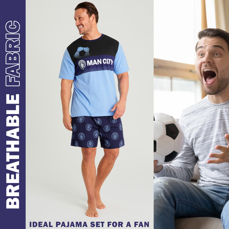 Manchester City FC Mens Pyjama Set, T-Shirt and Pyjama Shorts for Men - Get Trend