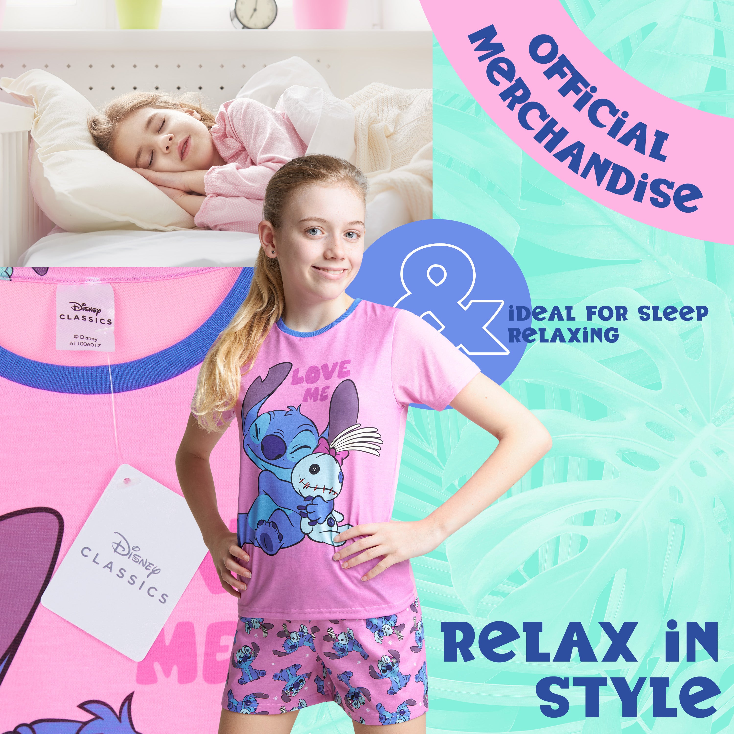 Disney Stitch Girls Short Pyjama Set, Soft Breathable Lounge Wear - Stitch Gifts for Girls - Get Trend