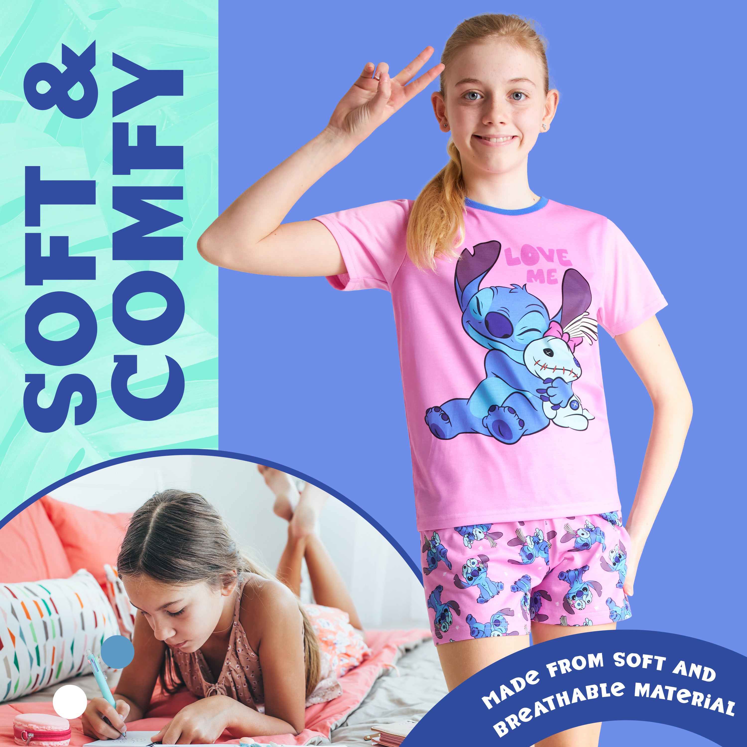 Disney Stitch Girls Short Pyjama Set, Soft Breathable Lounge Wear - Stitch Gifts for Girls - Get Trend