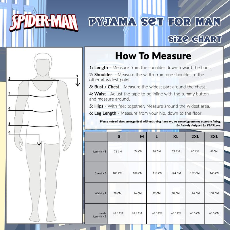 Marvel Spiderman Mens Pyjamas Set,  T-Shirt & Long Bottoms PJs