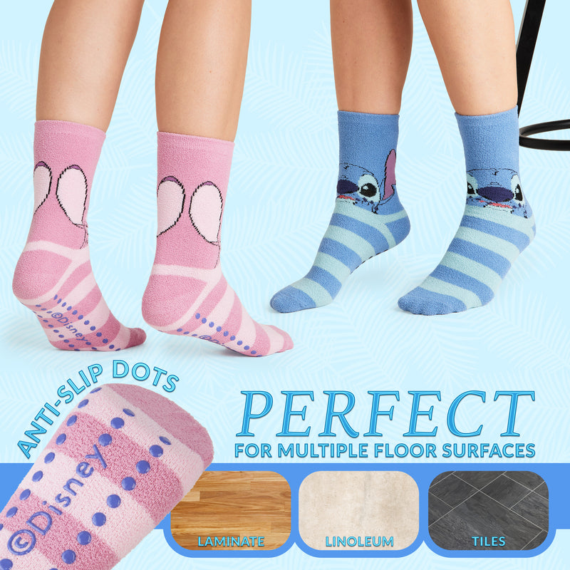 Disney Slippers Socks Women 2 Pack Fluffy Socks Non Slip - Stitch & An