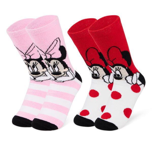 Disney Slippers Socks Women 2 Pack Fluffy Socks Non Slip - Red & Pink Minnie