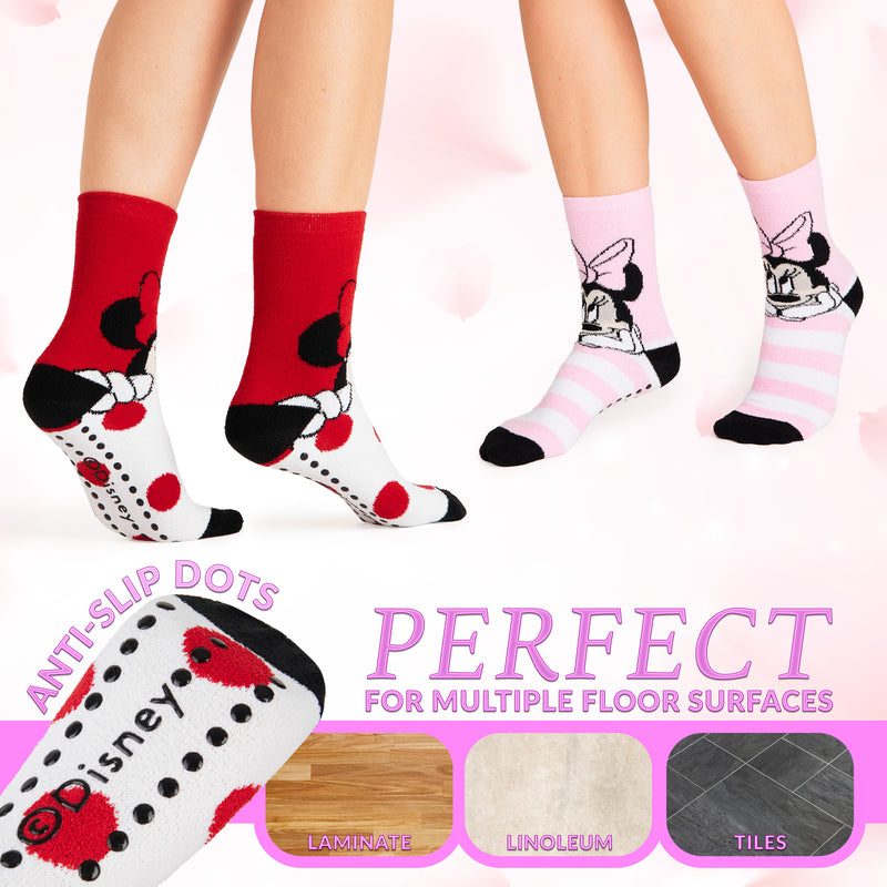 Disney Slippers Socks Women 2 Pack Fluffy Socks Non Slip - Red & Pink Minnie