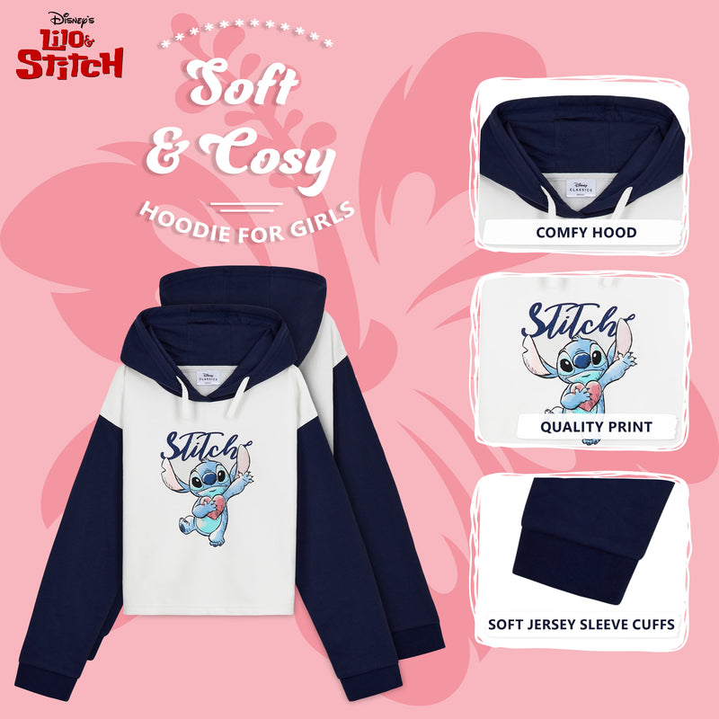 Disney Hoodie for Girls, Stitch Sweatshirt, Fashion Top for Girls and Teens - White/Navy