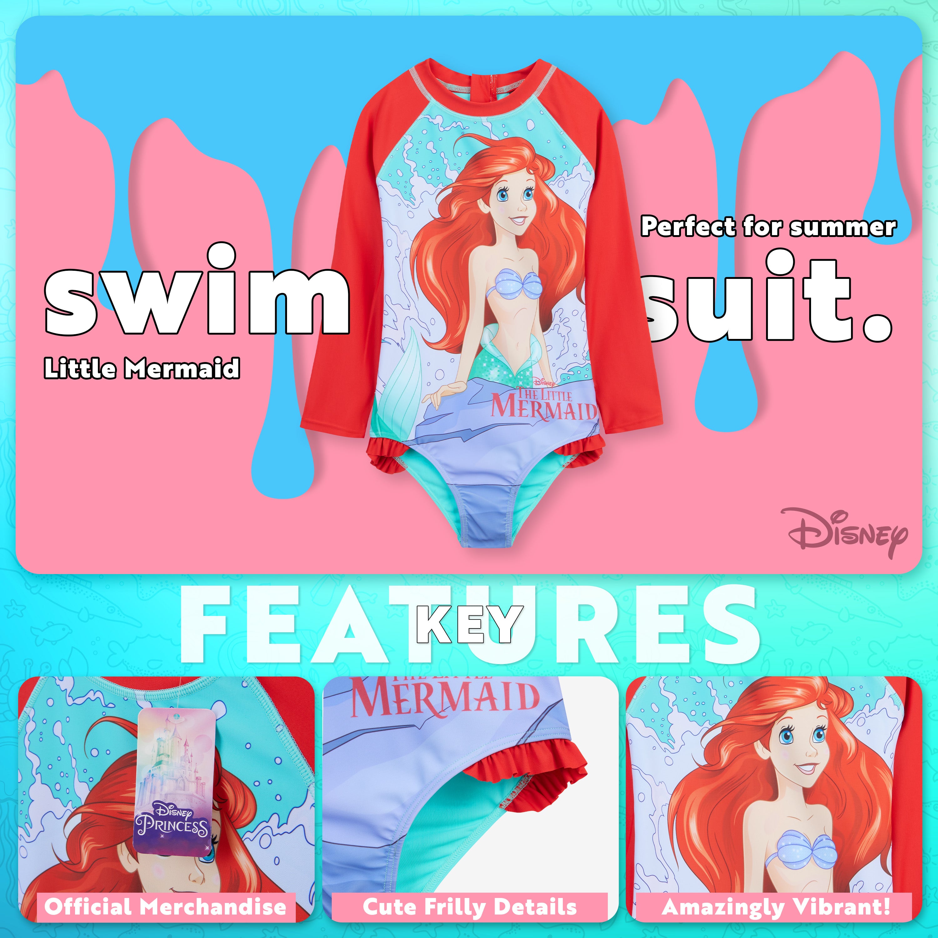 Disney Girls One Piece Swimsuit, Long Sleeve Swimming Costume - Girls Gifts - Get Trend
