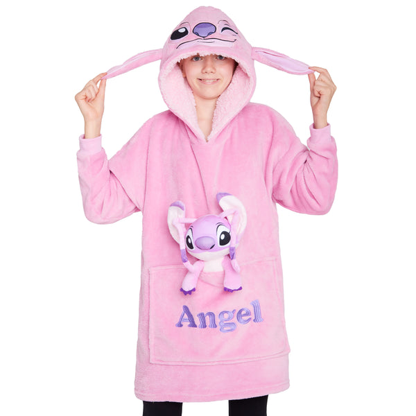Disney Stitch Fleece Hoodie Blanket with Plush Toy for Kids - Pink Angel