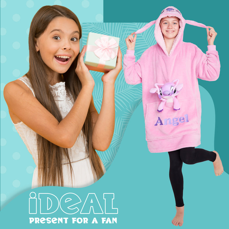 Disney Stitch Fleece Hoodie Blanket with Plush Toy for Kids - Pink Angel