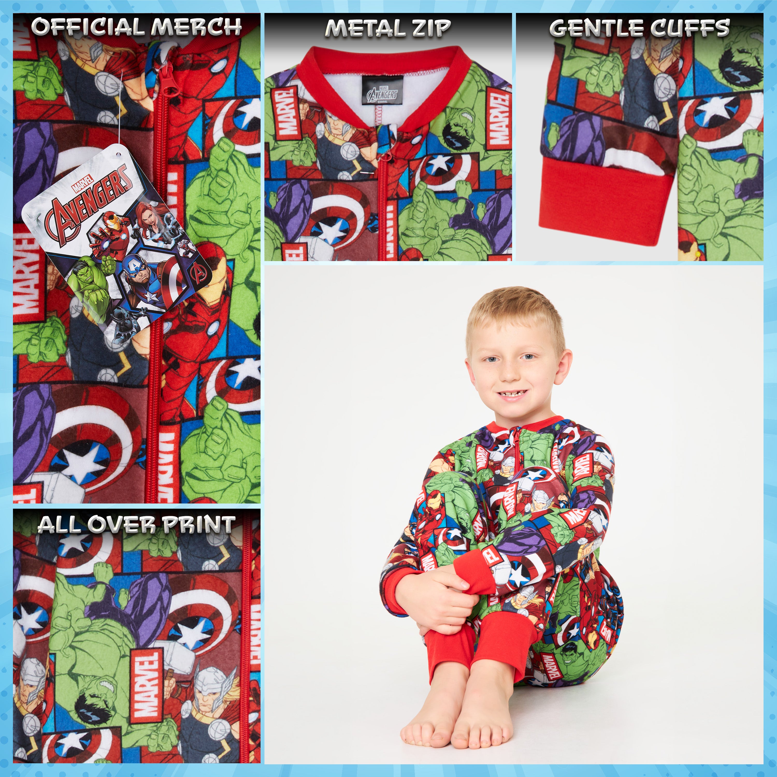 Marvel Fleece Onesie for Boys - Warm Hooded Onesie for Kids - Avengers - Get Trend