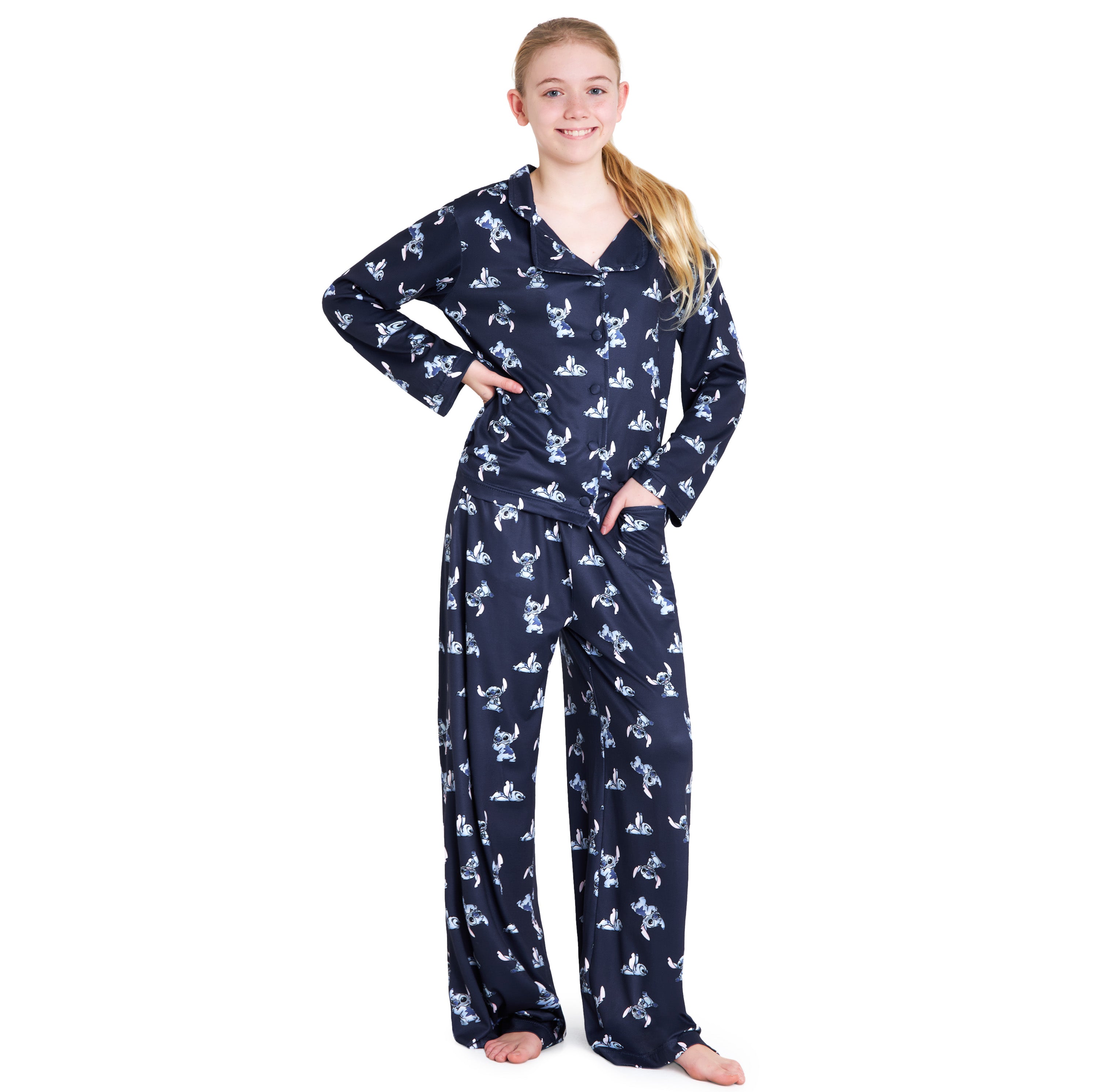 Disney Stitch Girls PJs for Kids- 2 Piece Long Girls Pyjamas - NAVY - Get Trend