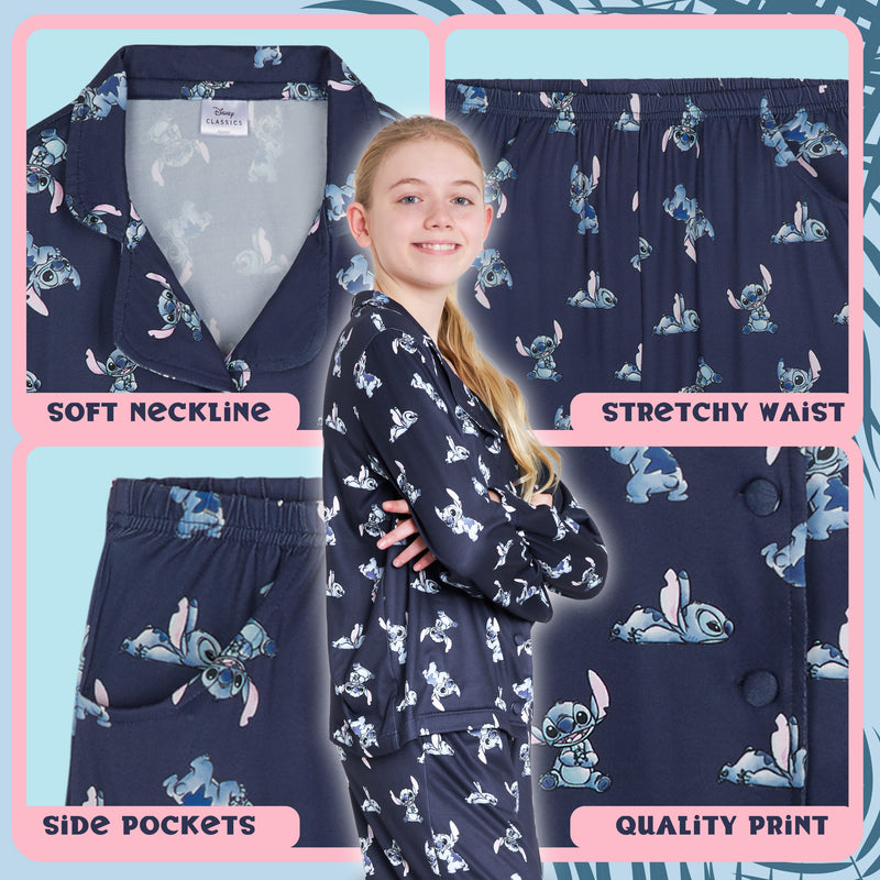 Disney Stitch Girls PJs for Kids- 2 Piece Long Girls Pyjamas - NAVY - Get Trend