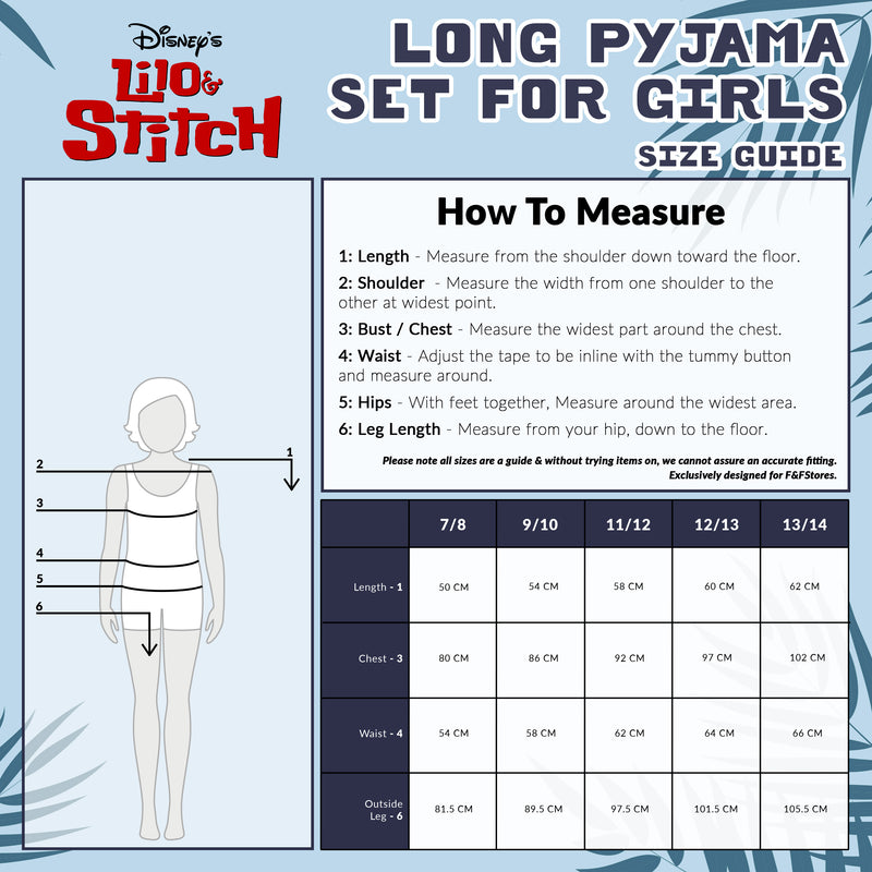 Disney Stitch Girls PJs for Kids- 2 Piece Long Girls Pyjamas - NAVY