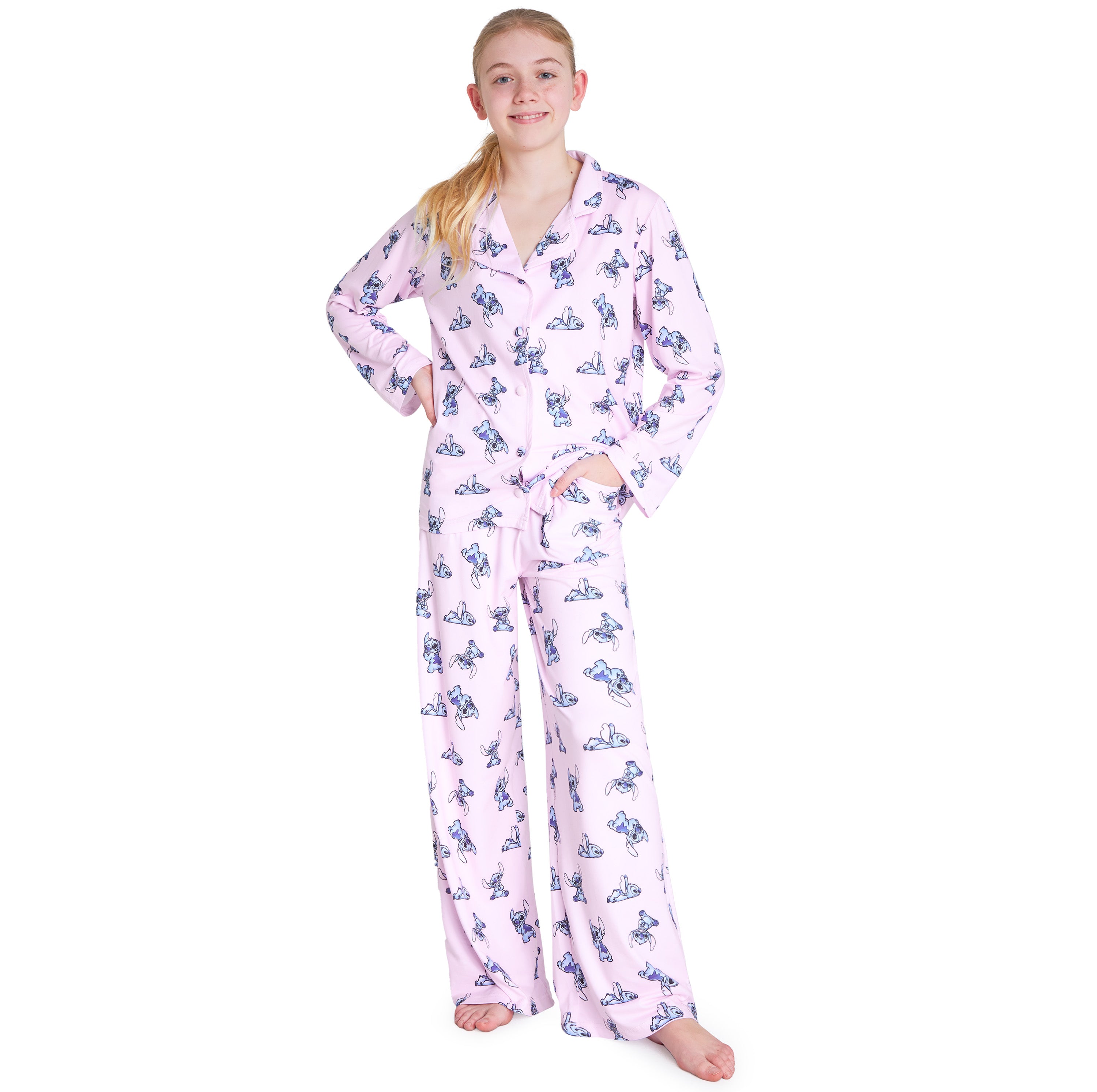 Disney Stitch Girls PJs for Kids- 2 Piece Long Girls Pyjamas - PINK - Get Trend