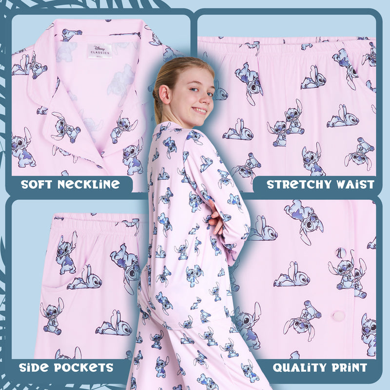 Disney Stitch Girls PJs for Kids- 2 Piece Long Girls Pyjamas - PINK - Get Trend