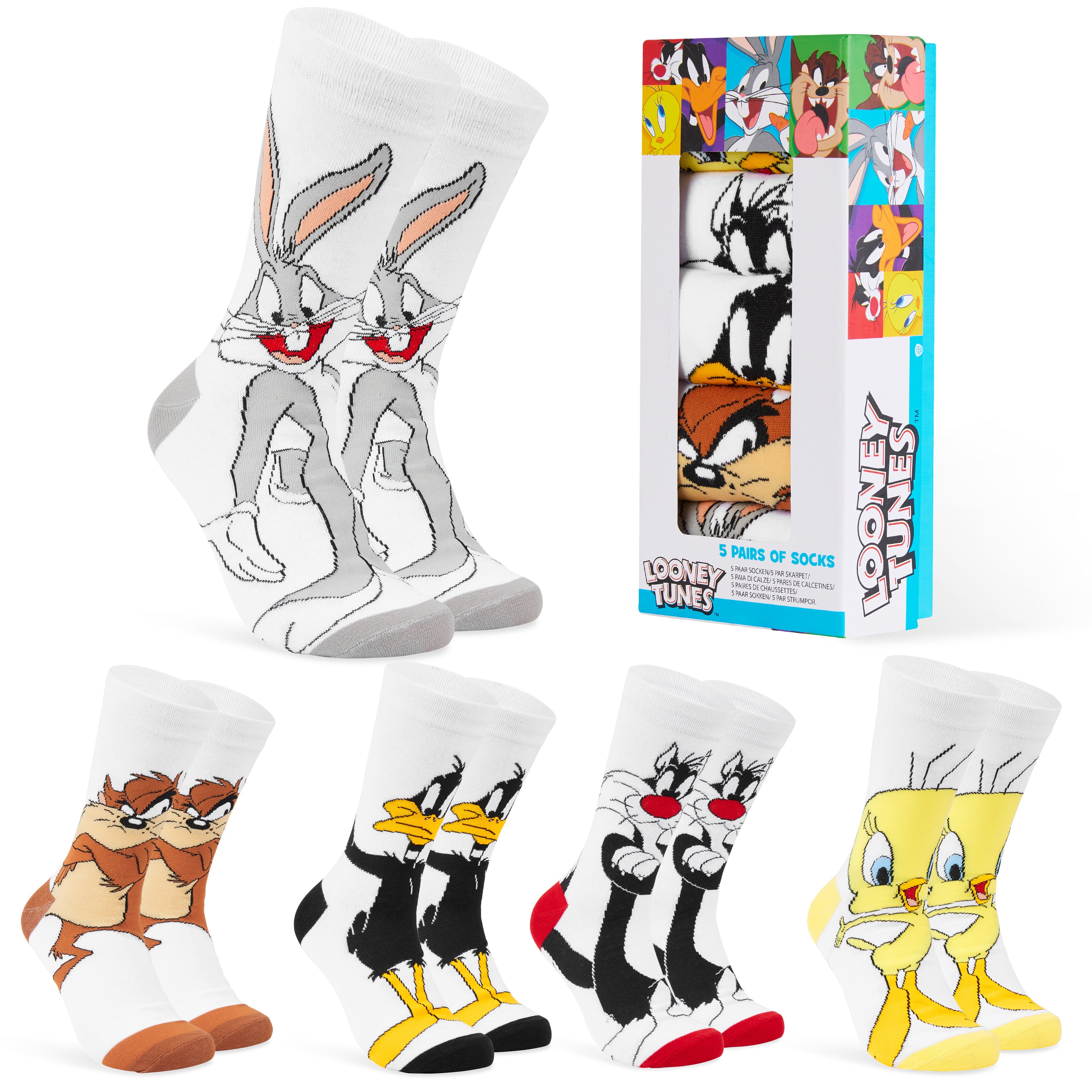 LOONEY TUNES Mens Socks - Pack of 5 Crew Socks for Men -White/Multi - Get Trend