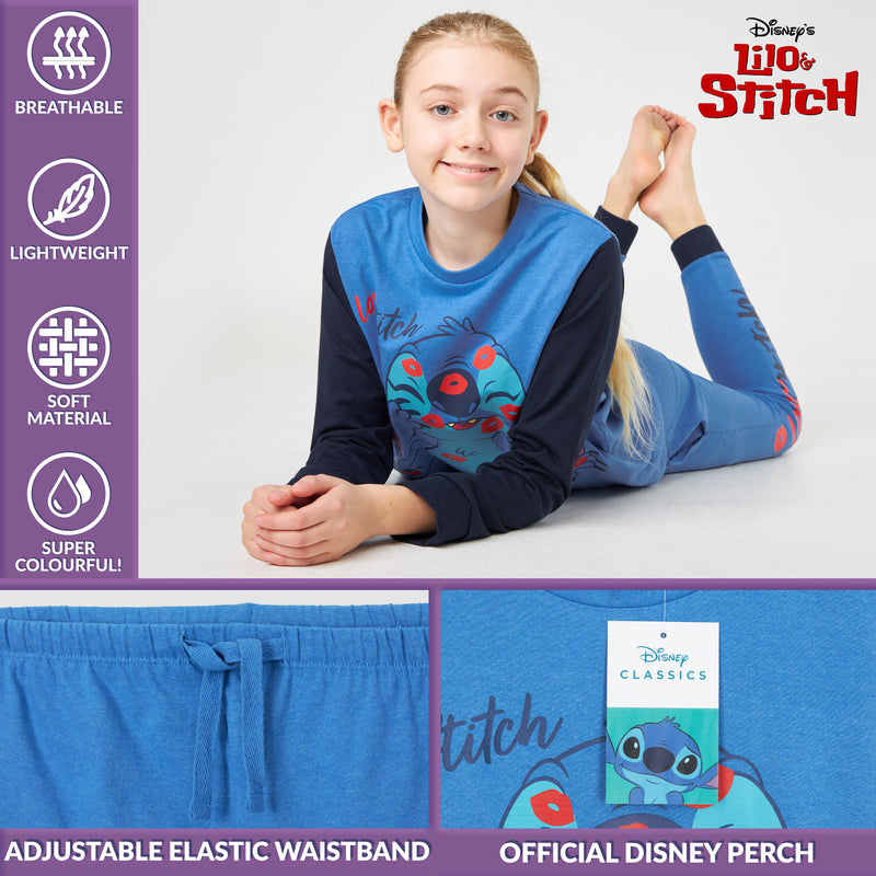 Disney Stitch Girls Pyjamas, 2 Piece Nightwear Sets - Blue & Black Stitch
