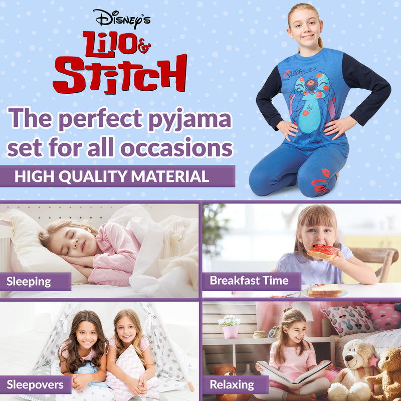 Disney Stitch Girls Pyjamas, 2 Piece Nightwear Sets - Blue & Black Stitch - Get Trend