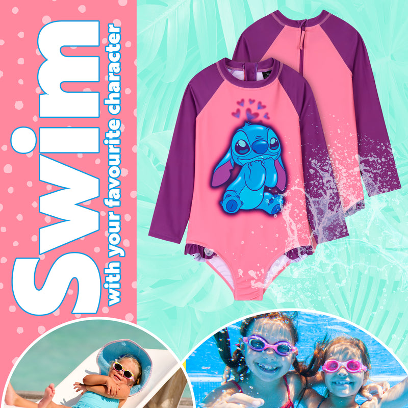 Disney Girls One Piece Swimsuit, Long Sleeve Swimming Costume - Girls Gifts