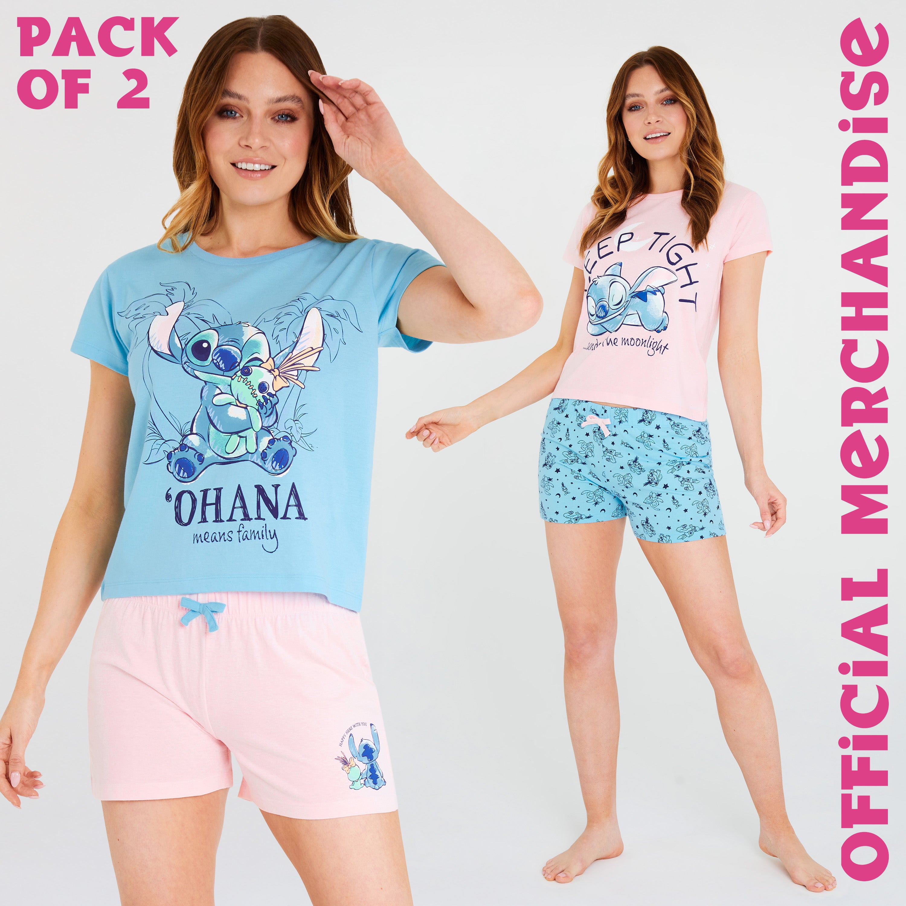 Disney Stitch Pyjamas for Women Short Sleeve PJs Set 2 Pack Lounge Sets Nightwear - Get Trend