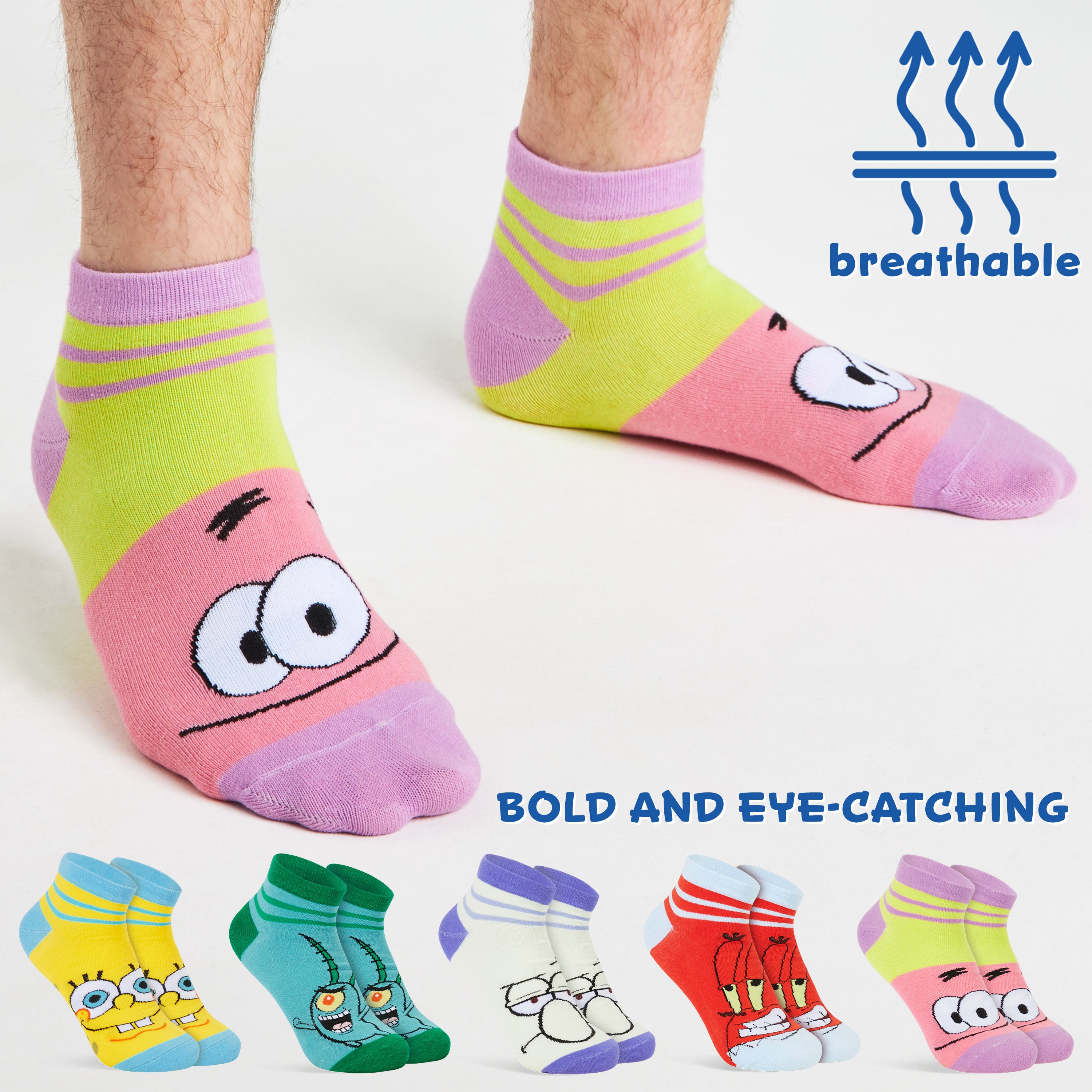 SPONGEBOB SQUAREPANTS Ankle Socks for Men & Teens 6.5-10.5, Pack of 5 - Get Trend