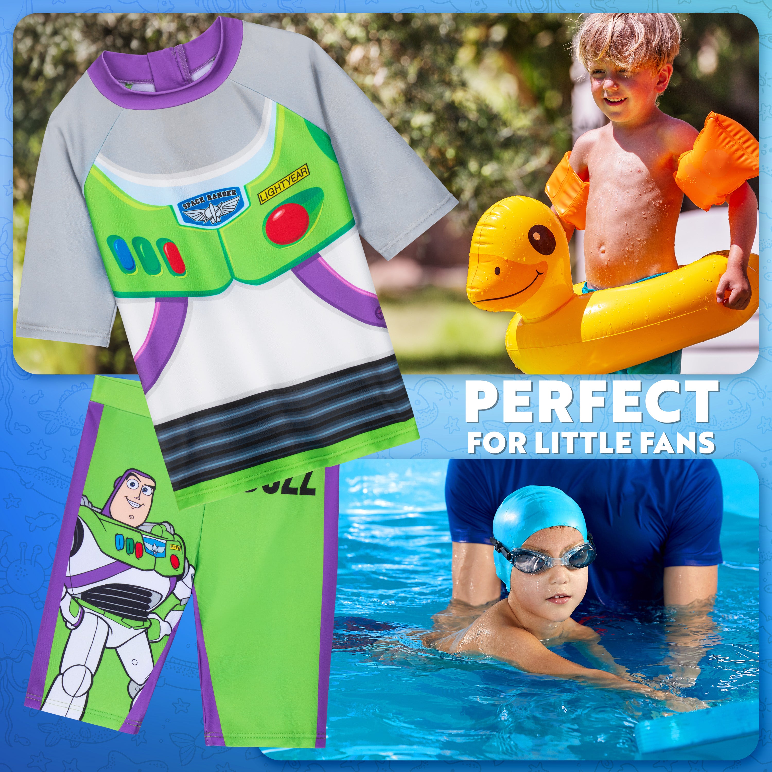 Get Trend Boys Buzzlightyear Swimming Costume Set 2 Piece Swimwear Rash Guard Top and Swimming Trunks Toddlers Kids Swimsuit for Beach Pool Holiday Essentials - Get Trend