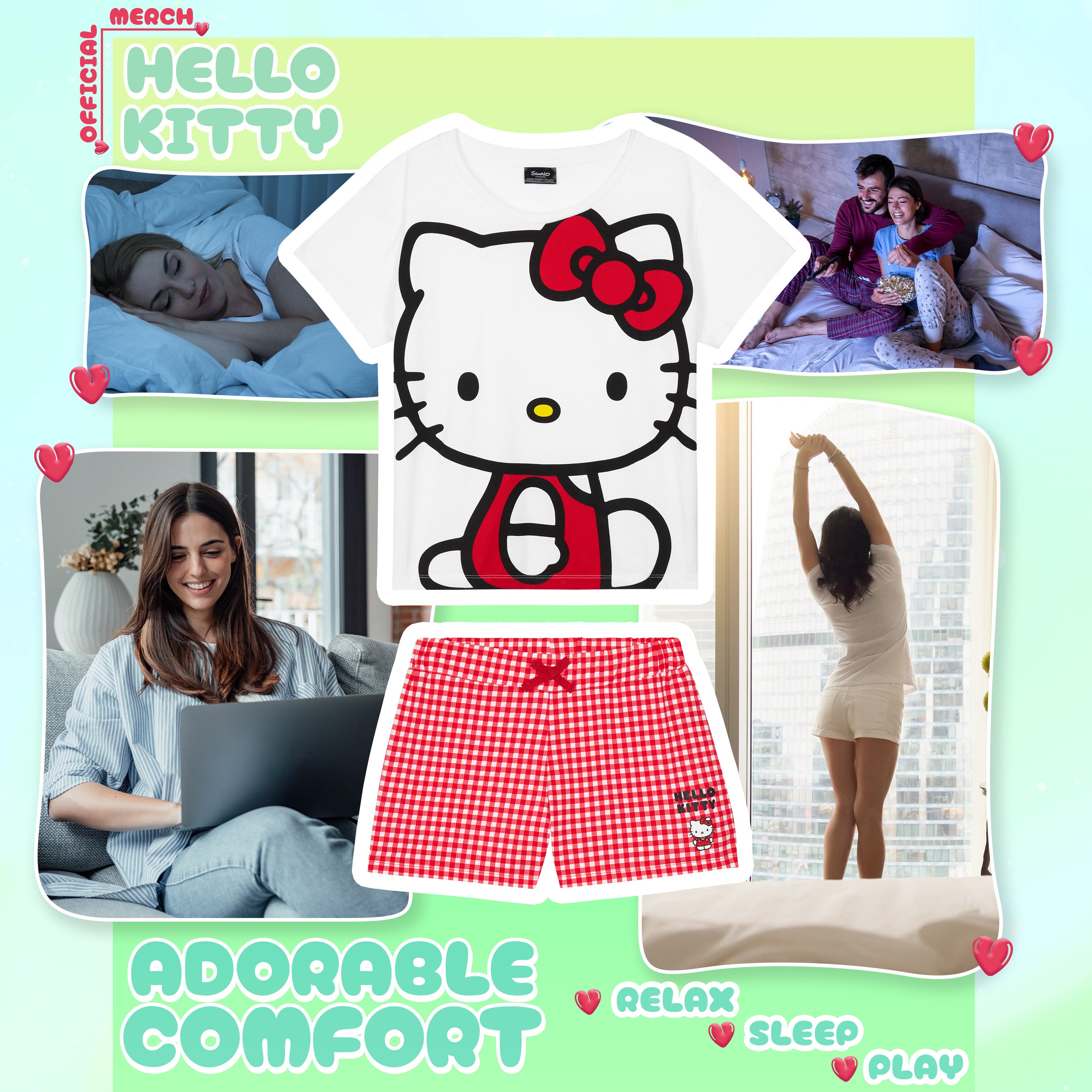 Hello Kitty Womens Pyjamas Short Sleeve PJs Set Teenagers Kawaii Lounge Sets Nightwear Soft Comfy Loungewear Sleepwear Anime Gifts for Women - Get Trend