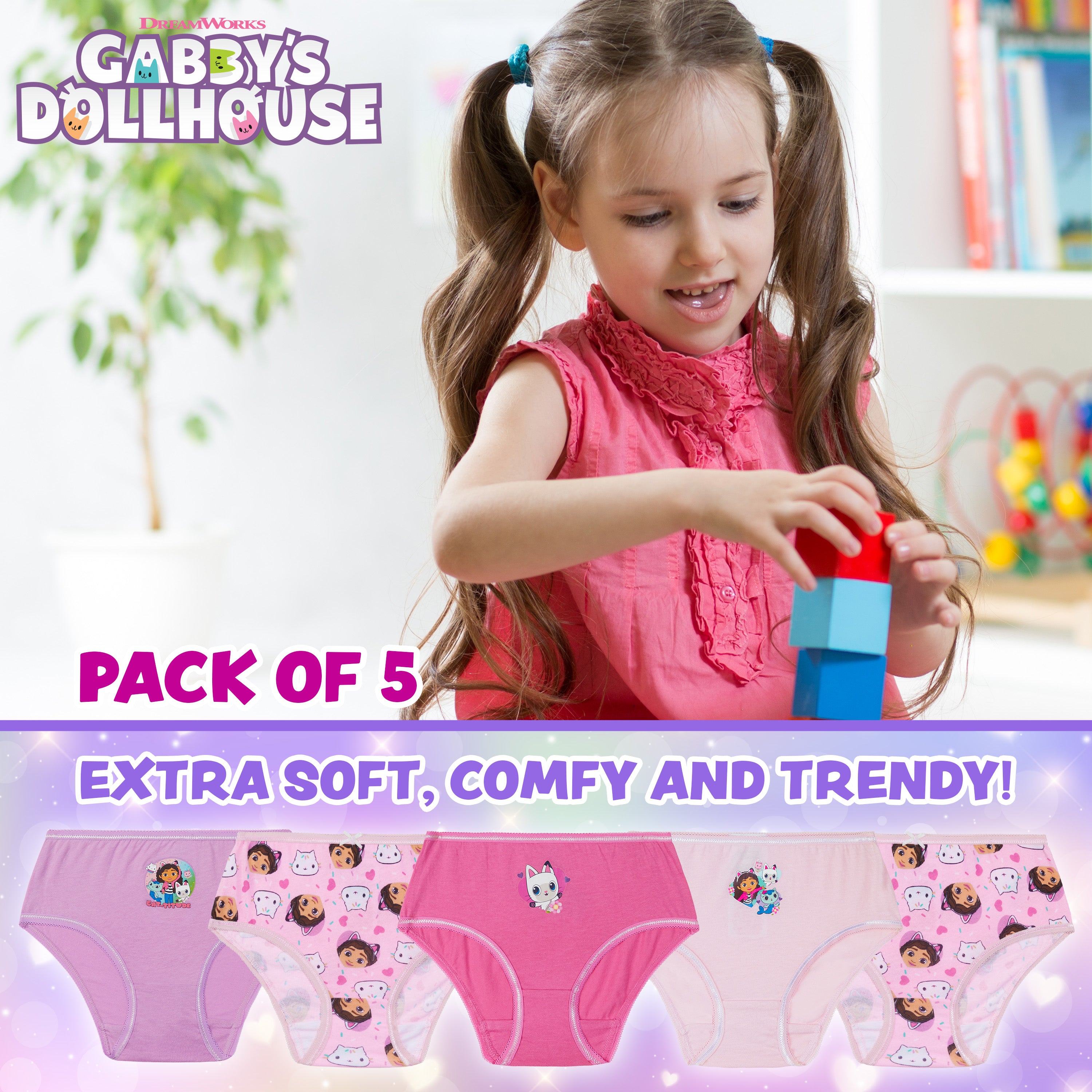 Gabby's Dollhouse Girls Knickers, Comfy Breathable 100% Cotton Underwear for Kids - Get Trend