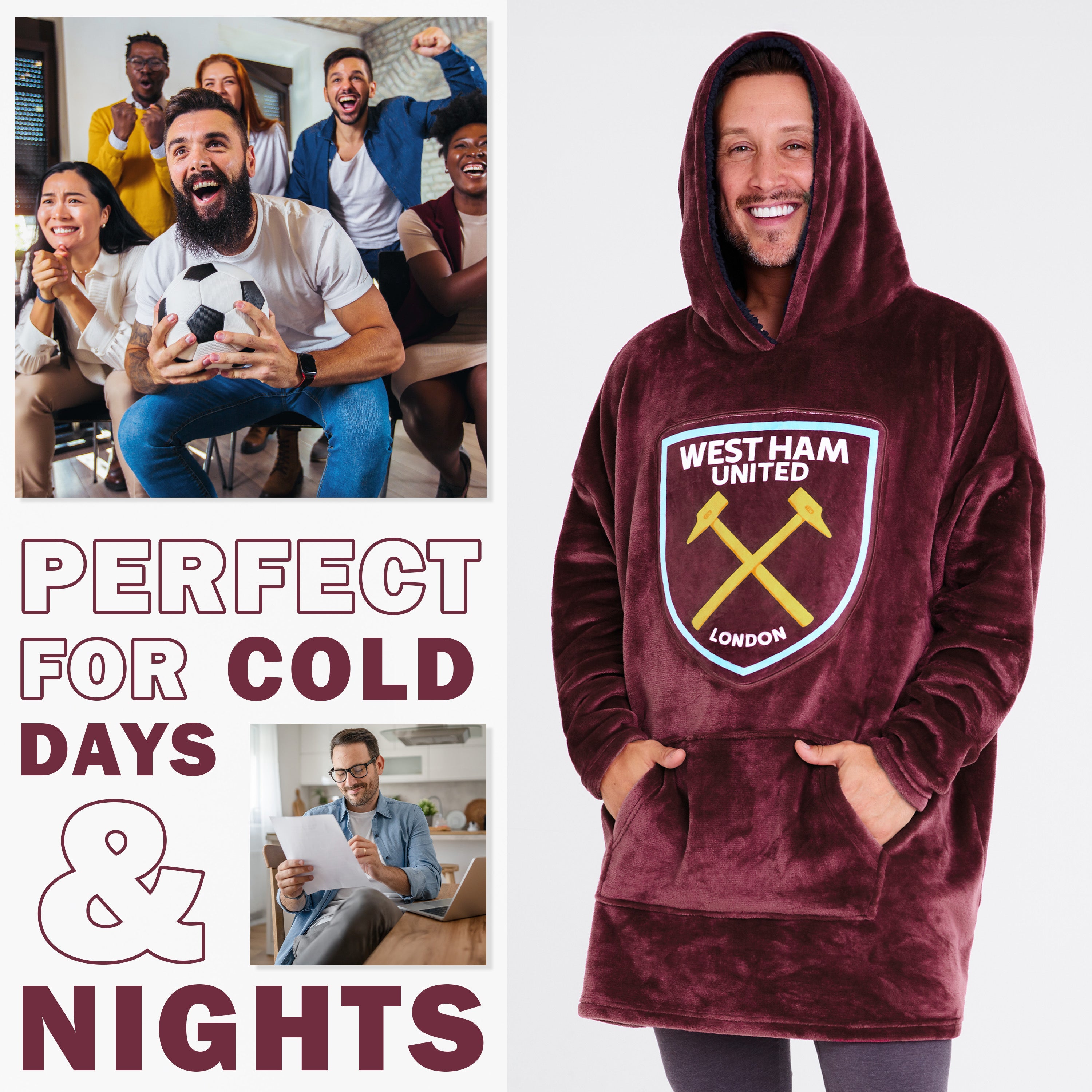 West Ham United F.C. Men's Oversized Fleece Poncho with Hood, West Ham Gifts for Men - Get Trend