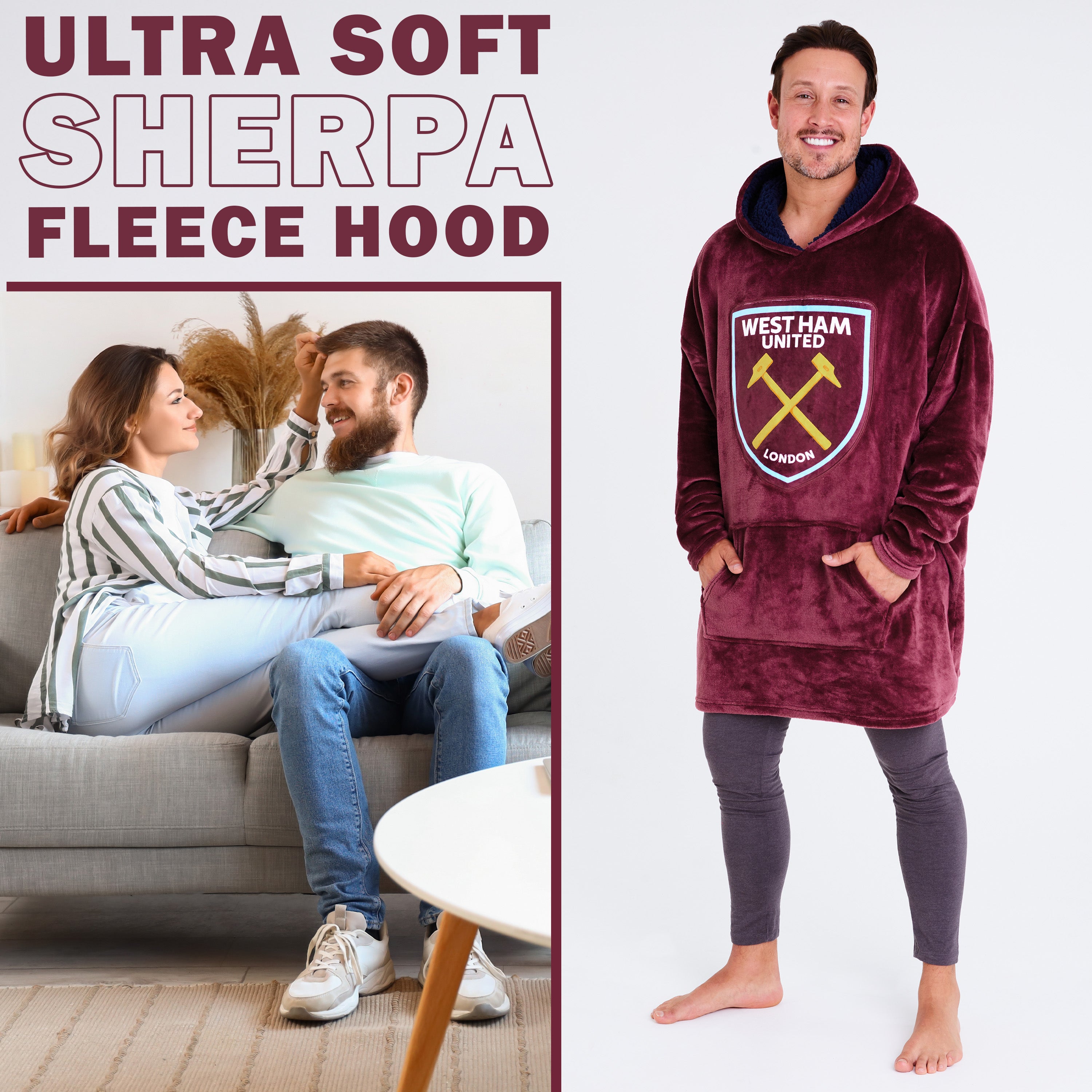 West Ham United F.C. Men's Oversized Fleece Poncho with Hood, West Ham Gifts for Men - Get Trend