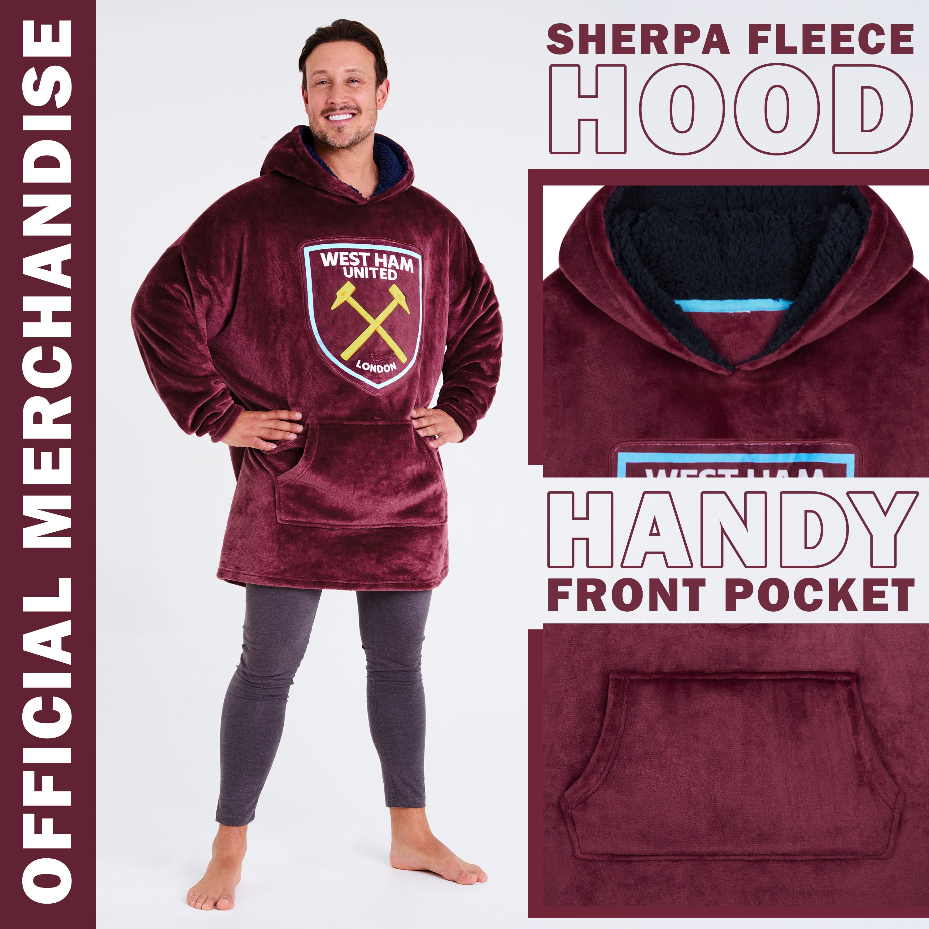 West Ham United F.C. Men's Oversized Fleece Poncho with Hood, West Ham Gifts for Men - Get Trend