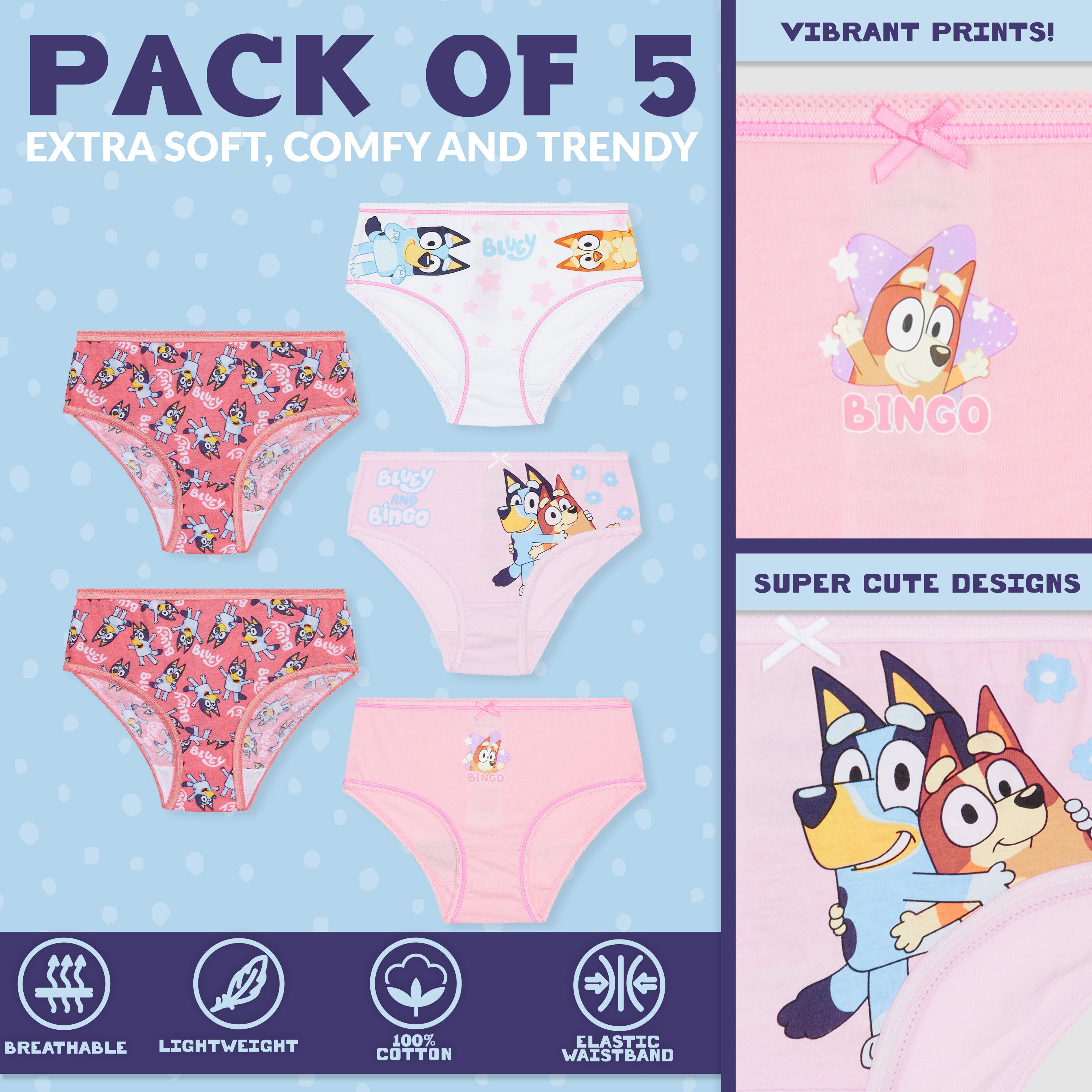 Bluey Girls Knickers, Comfy Breathable Cotton Underwear for Kids - Pack of 5 - Get Trend