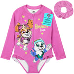Paw Patrol Girls Swimming Costume Long Sleeve Swimsuit with Hair Scrunchie Skye One Piece for Kids Toddlers Swimwear for Pool Beach Holiday Essentials - Get Trend