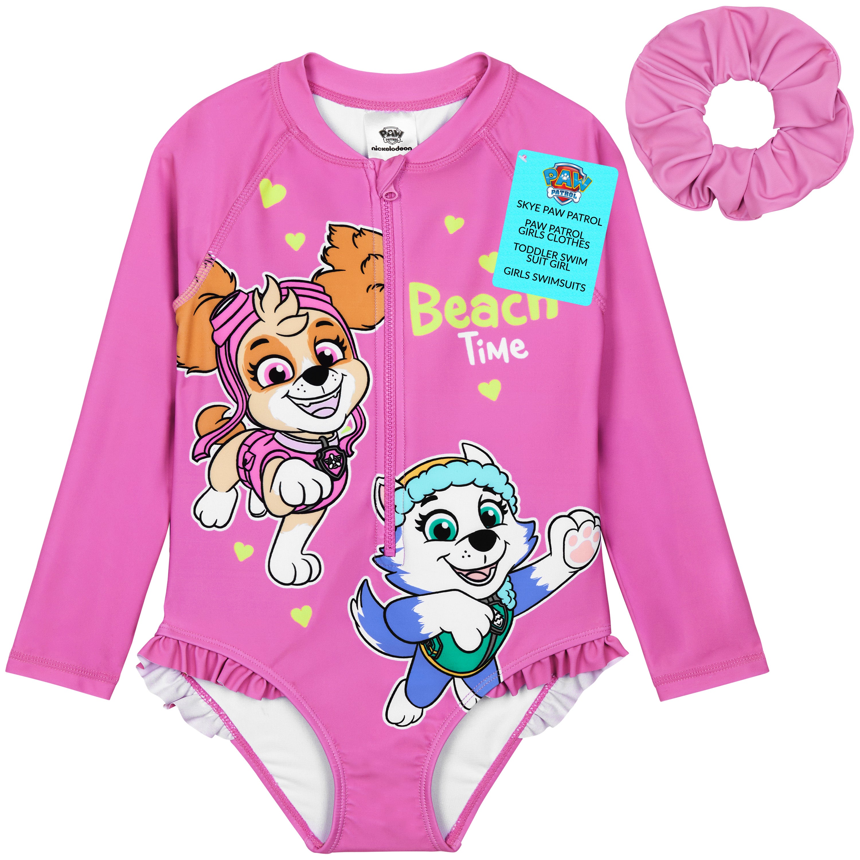 Paw Patrol Girls Swimming Costume Long Sleeve Swimsuit with Hair Scrunchie Skye One Piece for Kids Toddlers Swimwear for Pool Beach Holiday Essentials - Get Trend