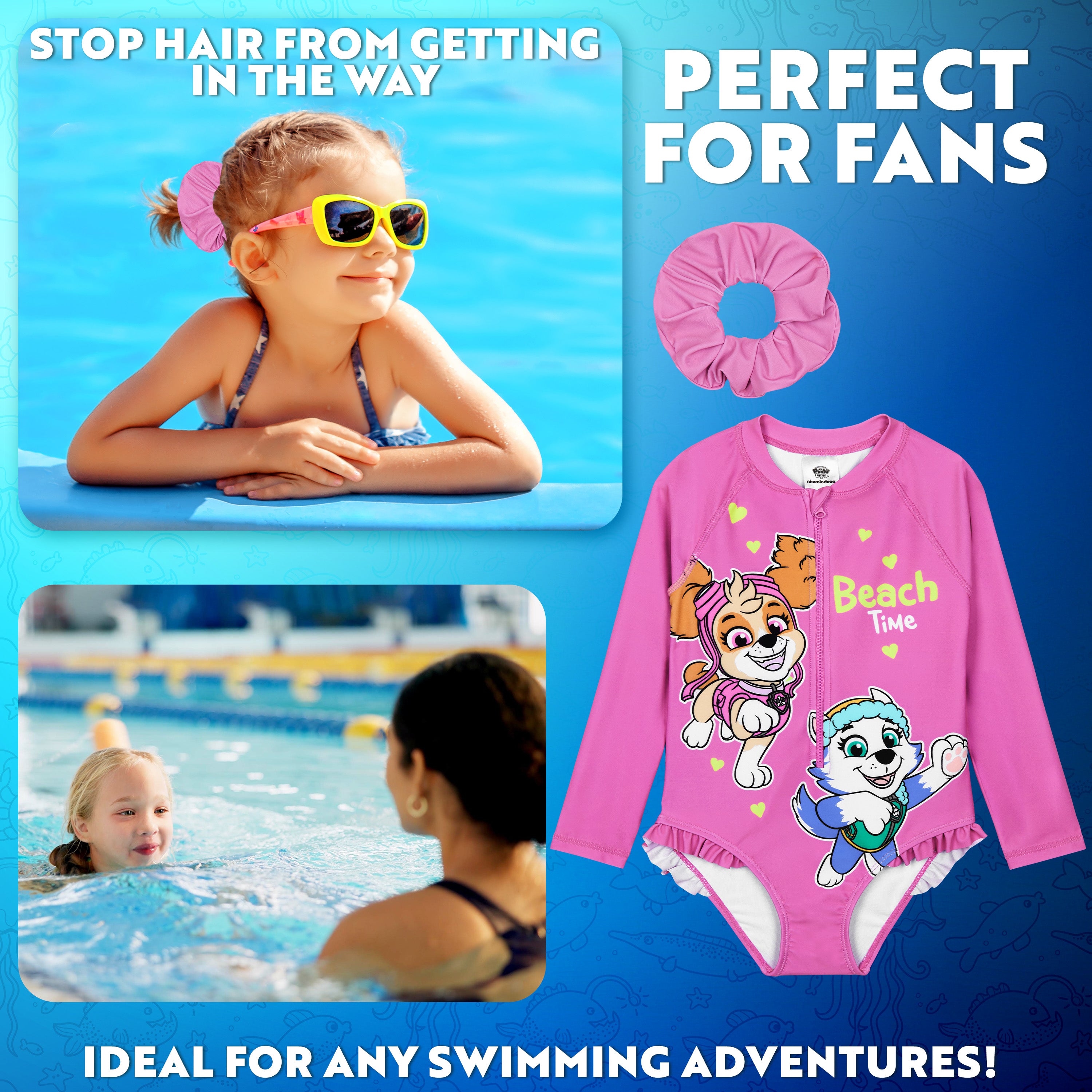 Paw Patrol Girls Swimming Costume Long Sleeve Swimsuit with Hair Scrunchie Skye One Piece for Kids Toddlers Swimwear for Pool Beach Holiday Essentials - Get Trend