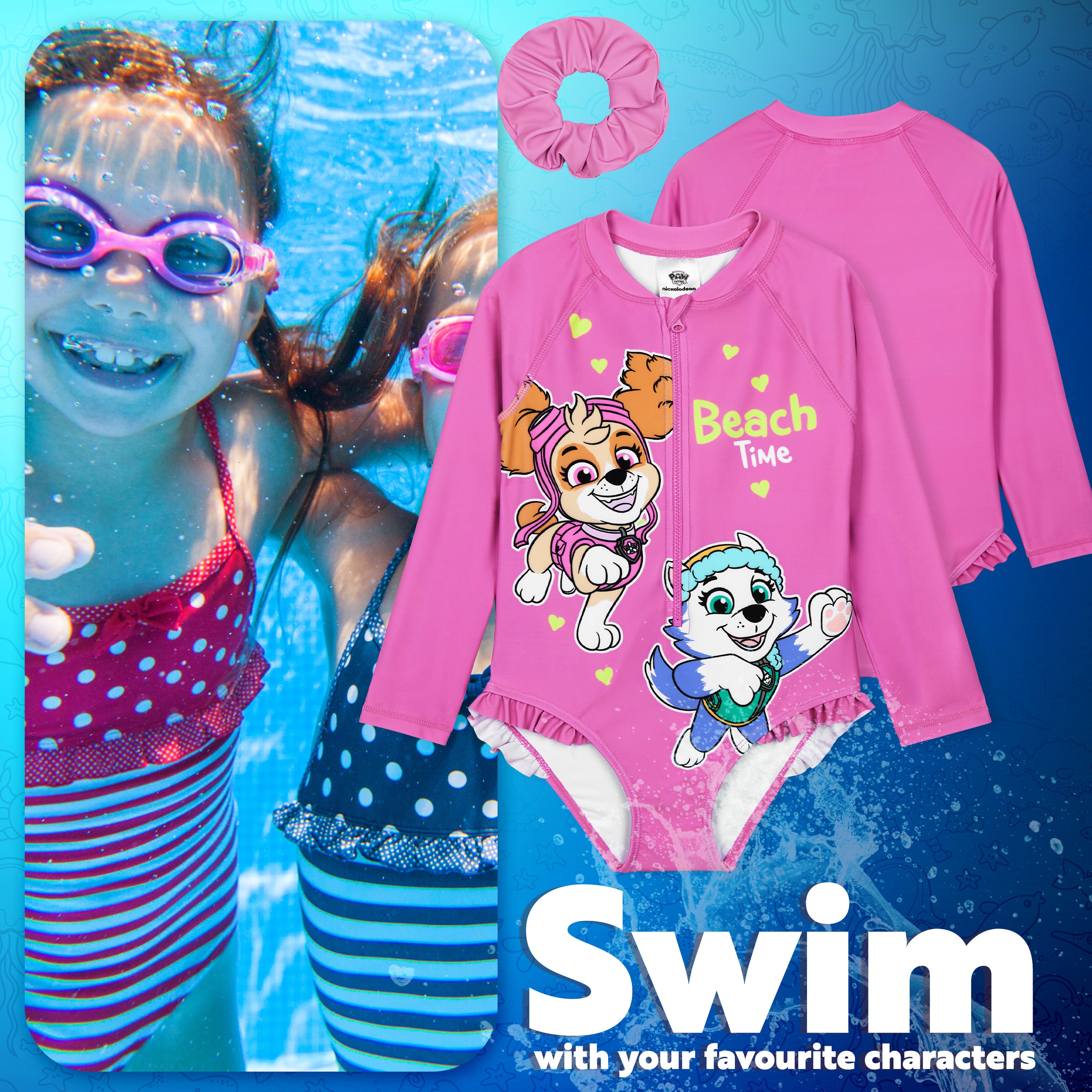 Paw Patrol Girls Swimming Costume Long Sleeve Swimsuit with Hair Scrunchie Skye One Piece for Kids Toddlers Swimwear for Pool Beach Holiday Essentials - Get Trend
