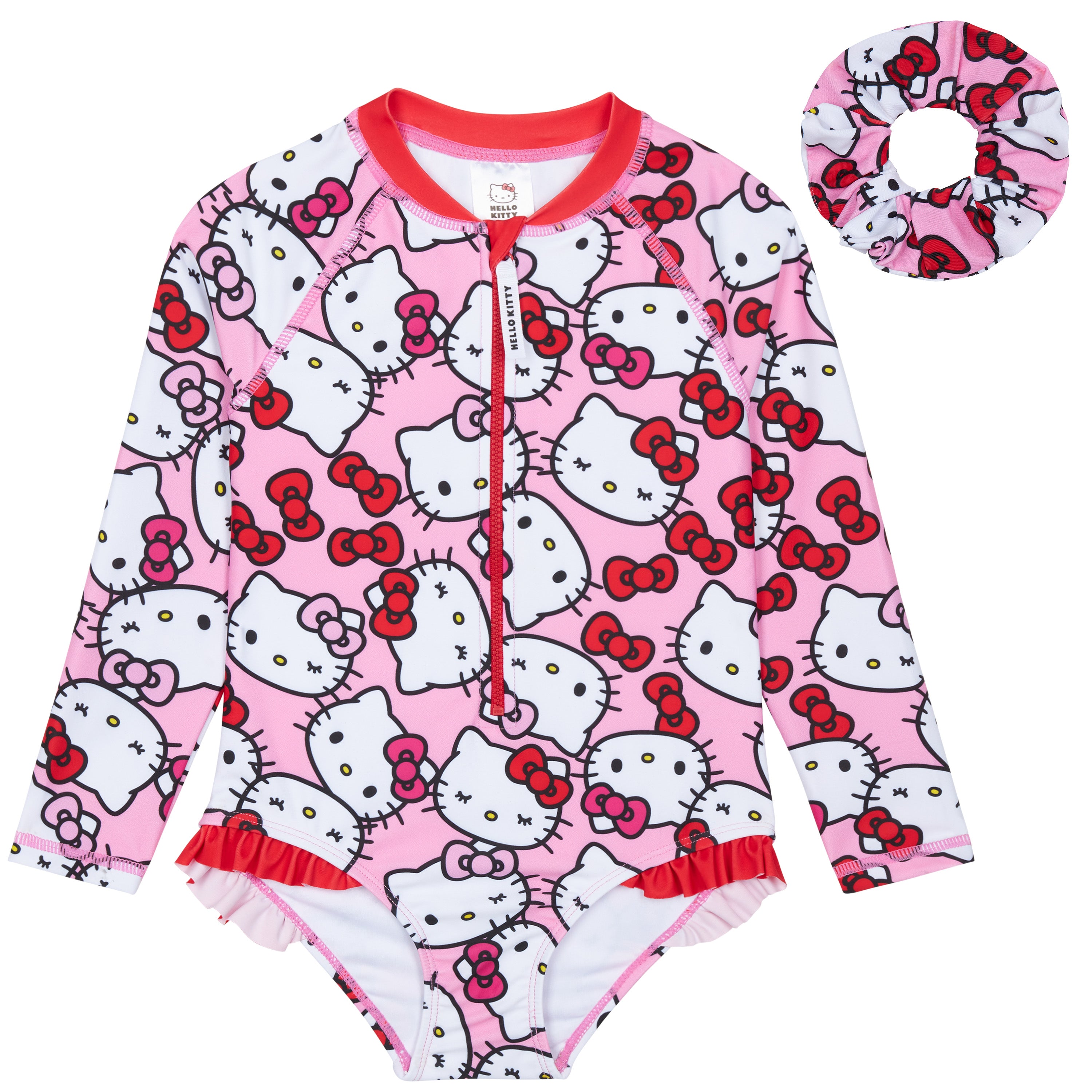 Hello Kitty Girls Swimming Costume Long Sleeve Kawaii Swimsuit with Hair Scrunchie One Piece for Kids Teens Swimwear for Pool Beach Holiday Essentials - Get Trend