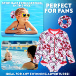 Hello Kitty Girls Swimming Costume Long Sleeve Kawaii Swimsuit with Hair Scrunchie One Piece for Kids Teens Swimwear for Pool Beach Holiday Essentials - Get Trend