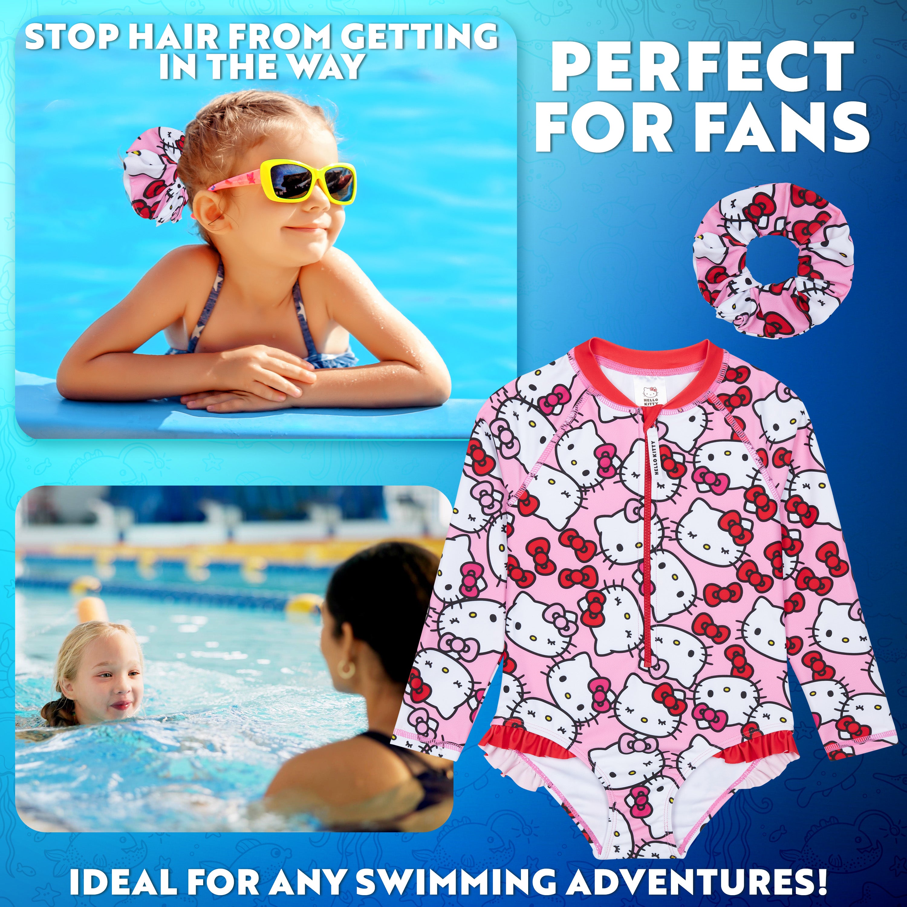 Hello Kitty Girls Swimming Costume Long Sleeve Kawaii Swimsuit with Hair Scrunchie One Piece for Kids Teens Swimwear for Pool Beach Holiday Essentials - Get Trend