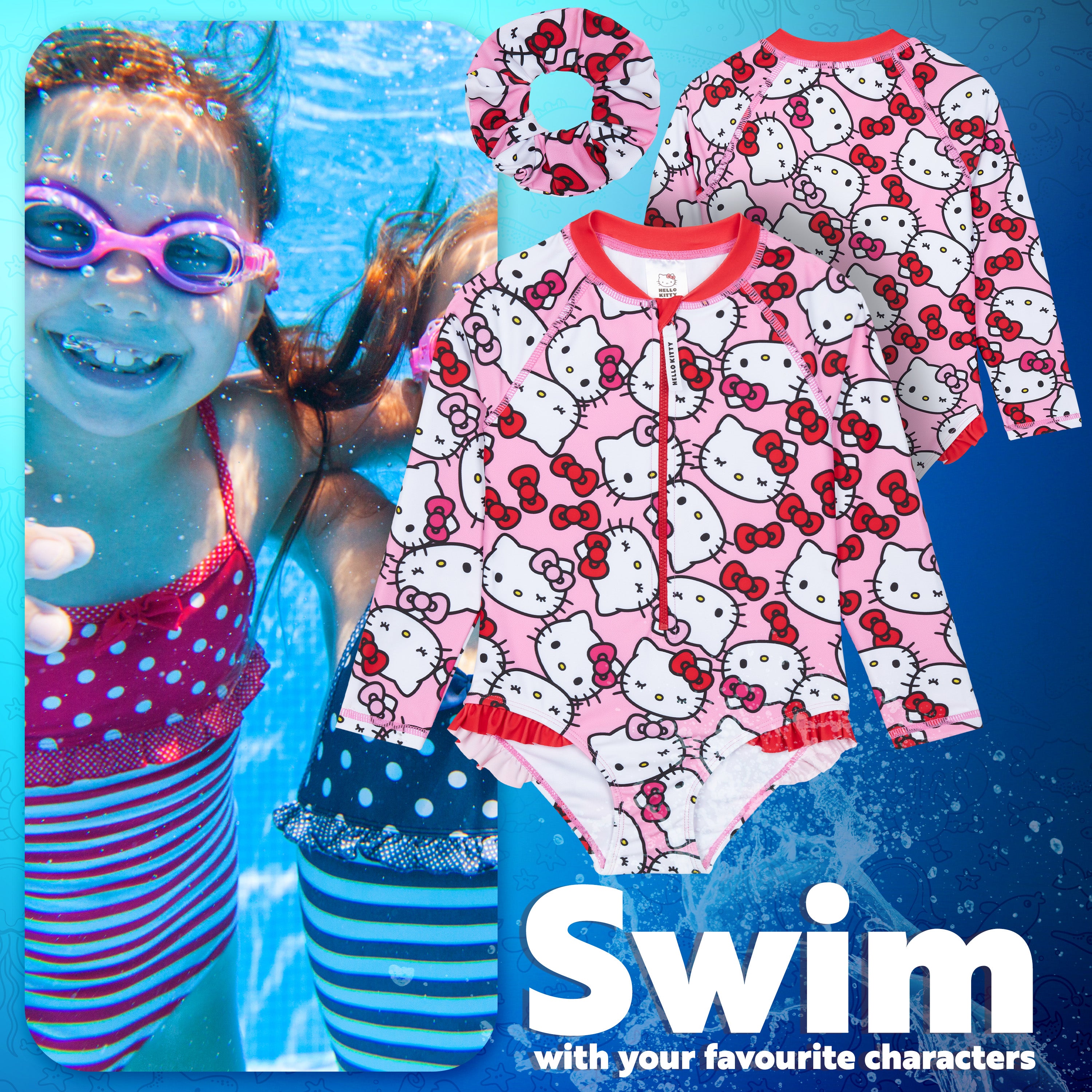 Hello Kitty Girls Swimming Costume Long Sleeve Kawaii Swimsuit with Hair Scrunchie One Piece for Kids Teens Swimwear for Pool Beach Holiday Essentials - Get Trend